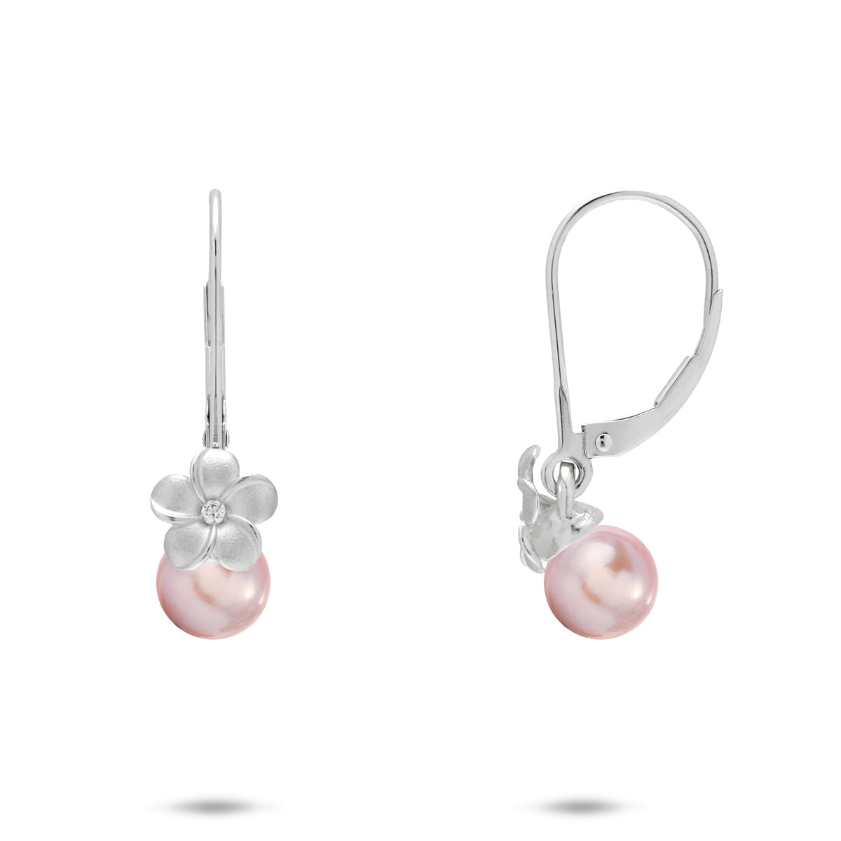 8mm Pick A Pearl Plumeria Earrings in Sterling Silver with Cubic Zirconia and Lavender Pearls on a white background