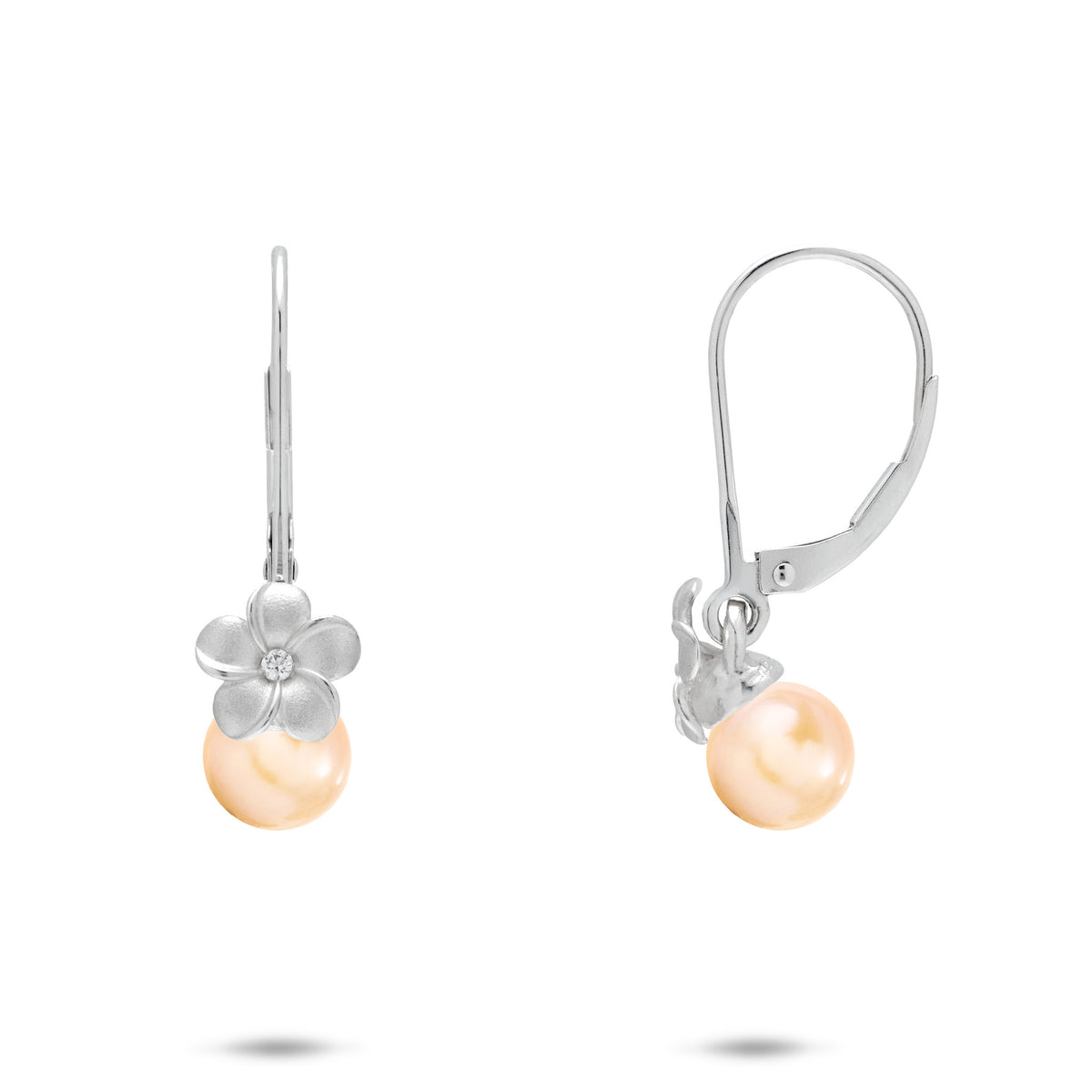 8mm Pick A Pearl Plumeria Earrings in Sterling Silver with Cubic Zirconia and Peach Pearls on a white background