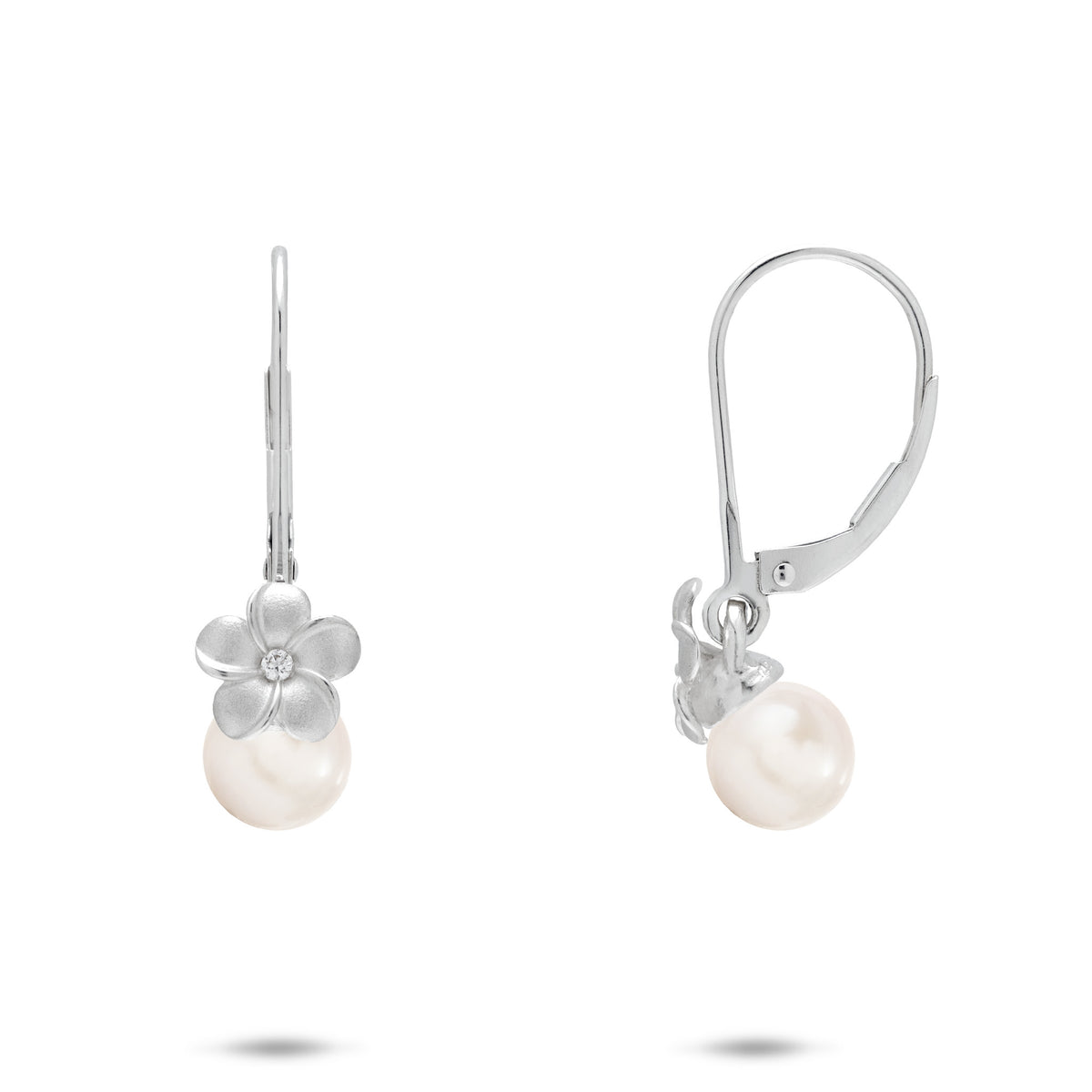 8mm Pick A Pearl Plumeria Earrings in Sterling Silver with Cubic Zirconia and White Pearls on a white background