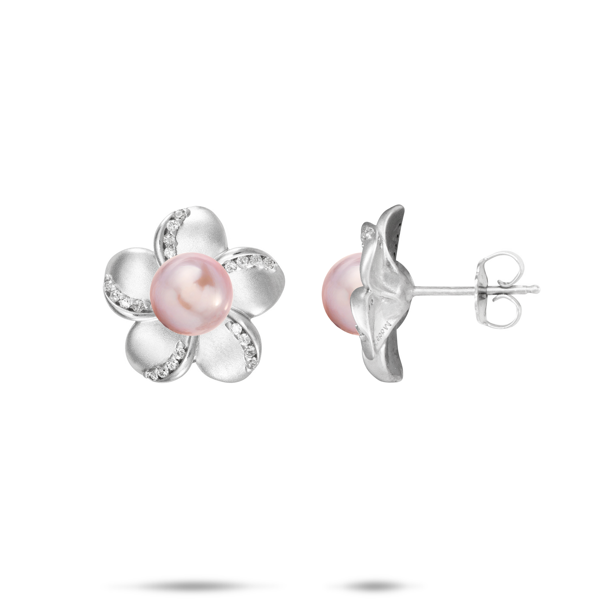 Pick A Pearl Plumeria Earrings in Sterling Silver with Cubic Zirconia - 15mm
