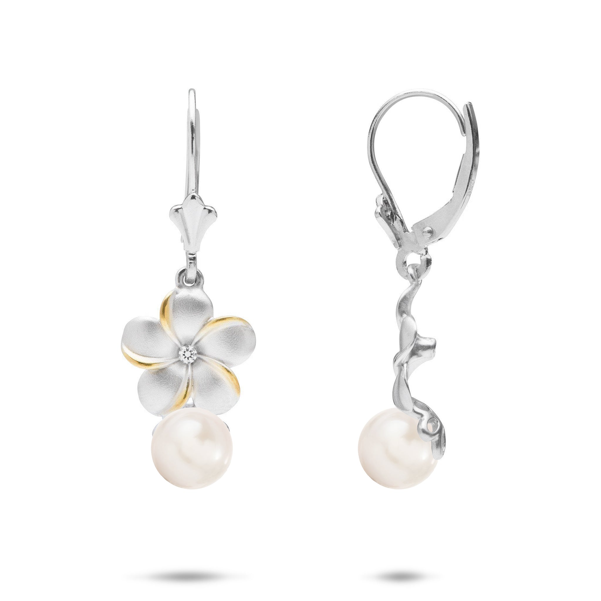 Pick A Pearl Plumeria Leverback Earrings in Sterling Silver