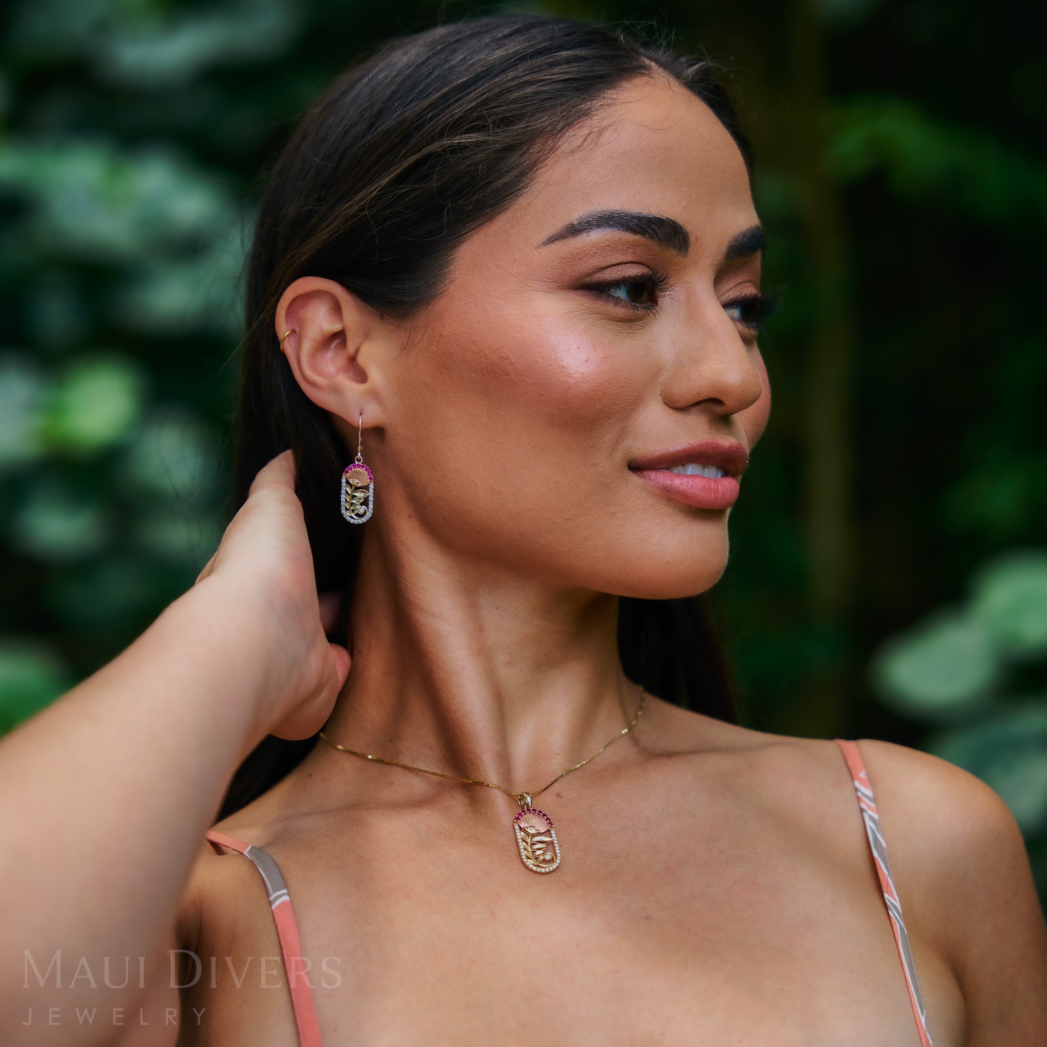 ʻŌhiʻa Lehua Ruby Earrings in Two Tone Gold with Diamonds - 24mm