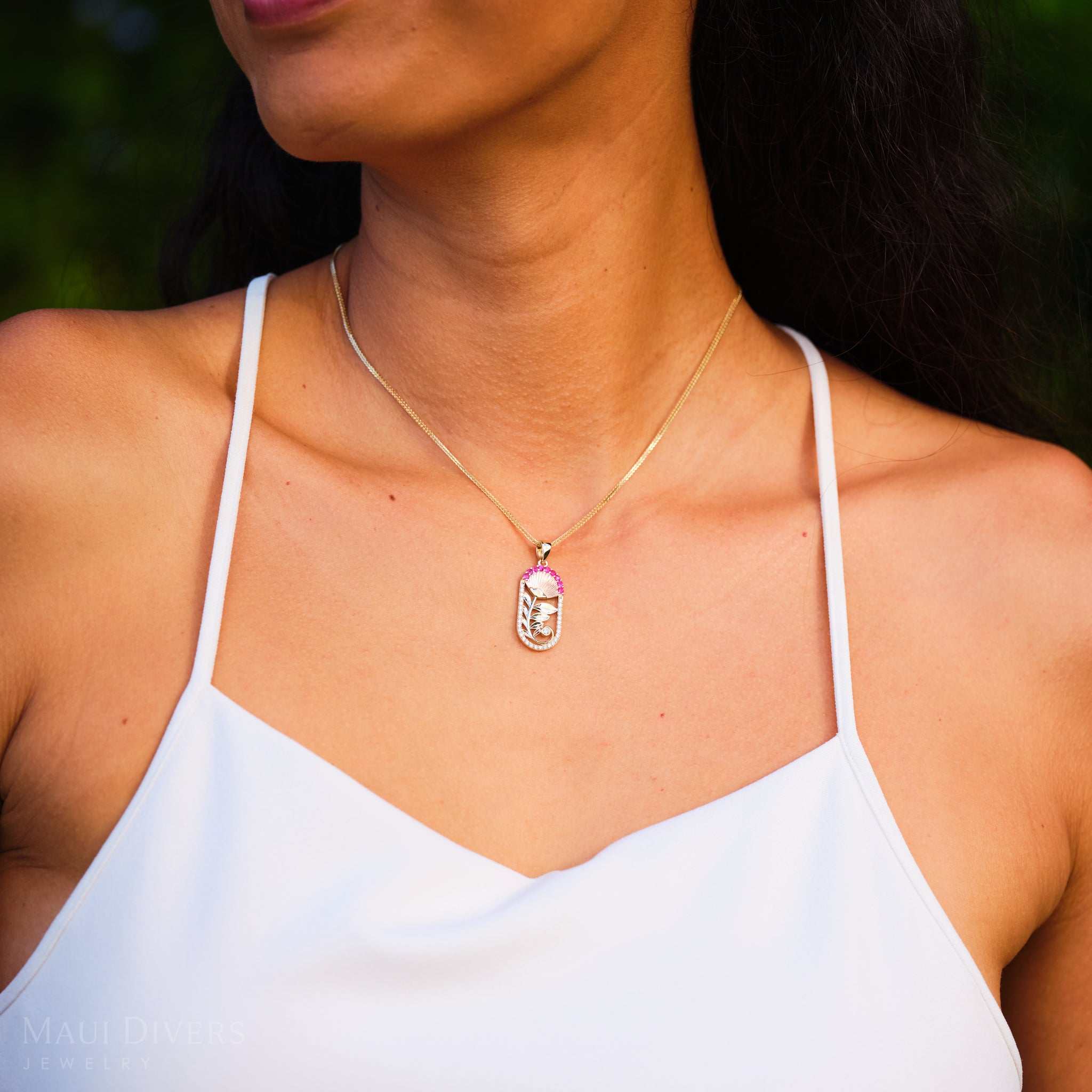 ʻŌhiʻa Lehua Ruby Pendant in Two Tone Gold with Diamonds - 27.5mm