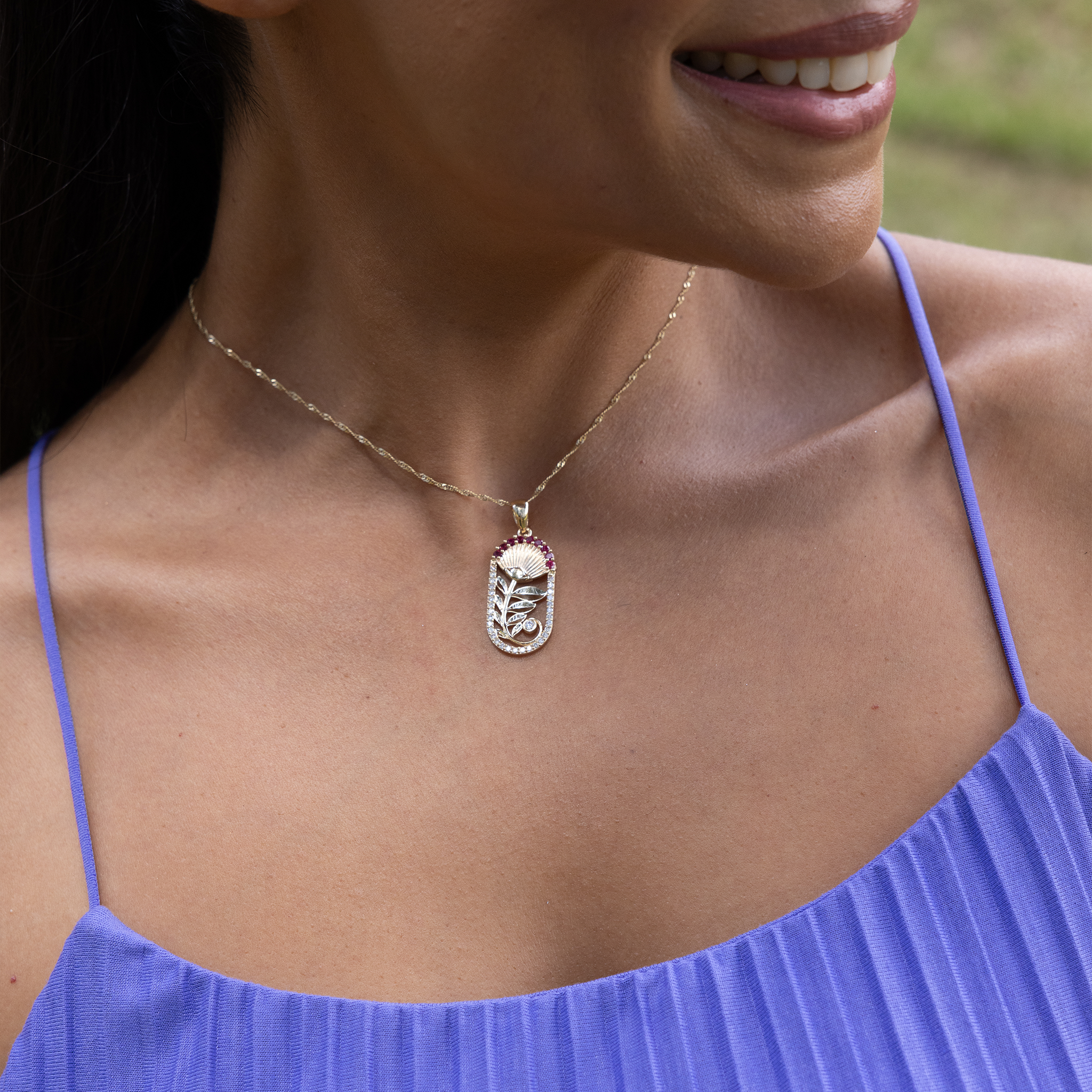 ʻŌhiʻa Lehua Ruby Pendant in Gold with Diamonds