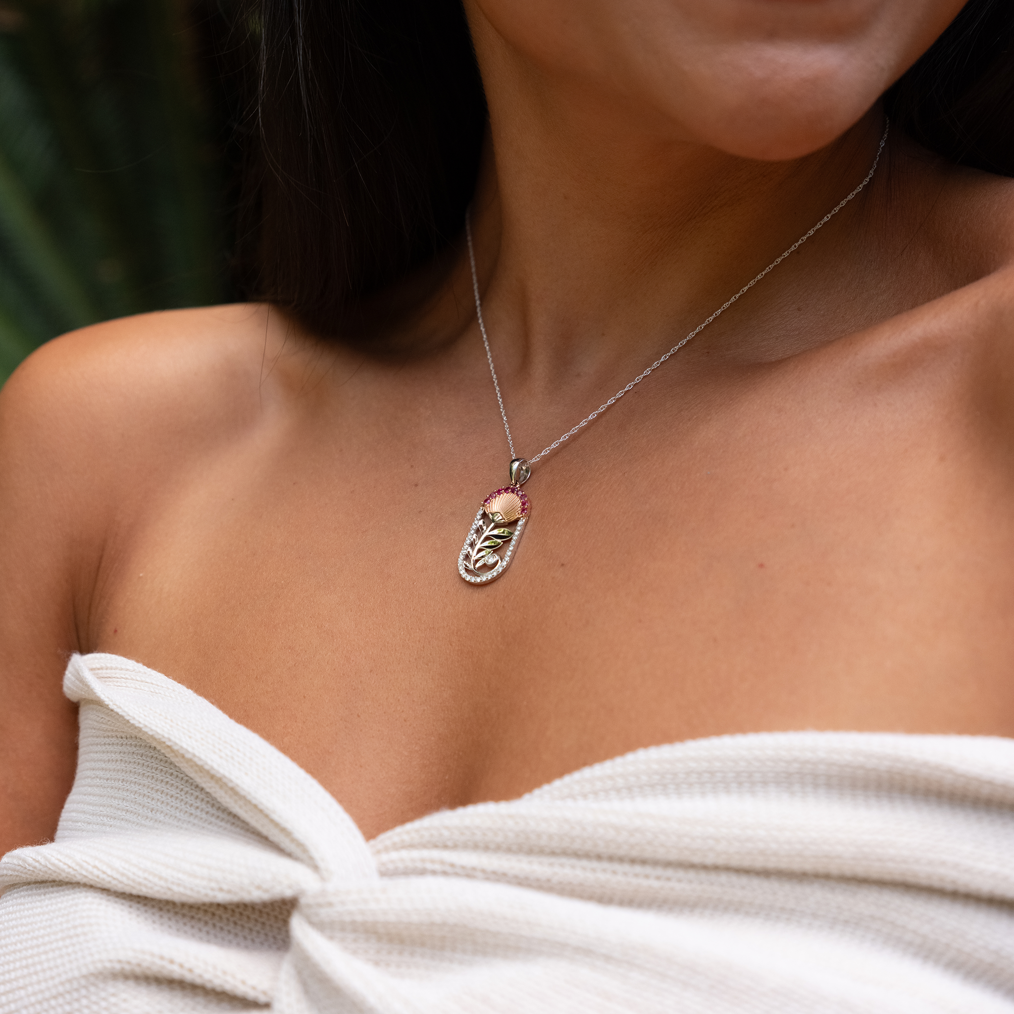 ʻŌhiʻa Lehua Ruby Pendant in Two Tone Gold with Diamonds - 27.5mm