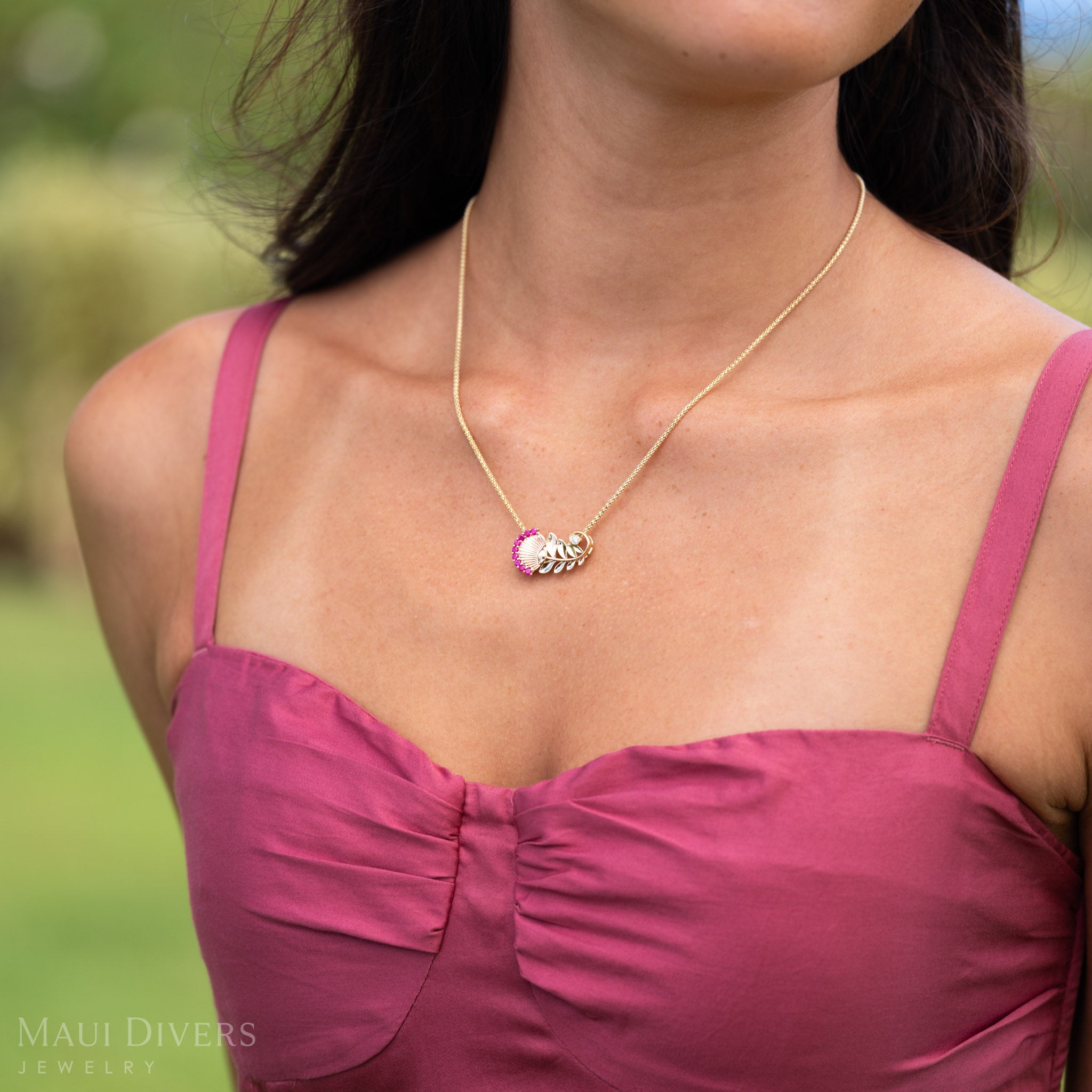 ʻŌhiʻa Lehua Ruby Pendant in Two Tone Gold with Diamond - 24mm
