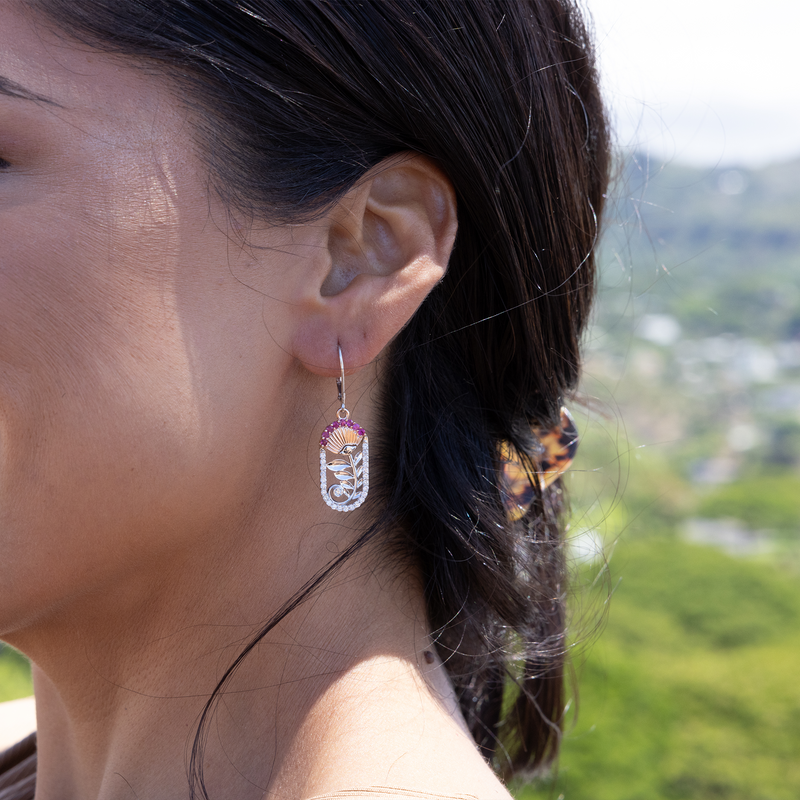 Ohia Lehua Ruby Earrings in Two Tone Gold with Diamonds - 24mm