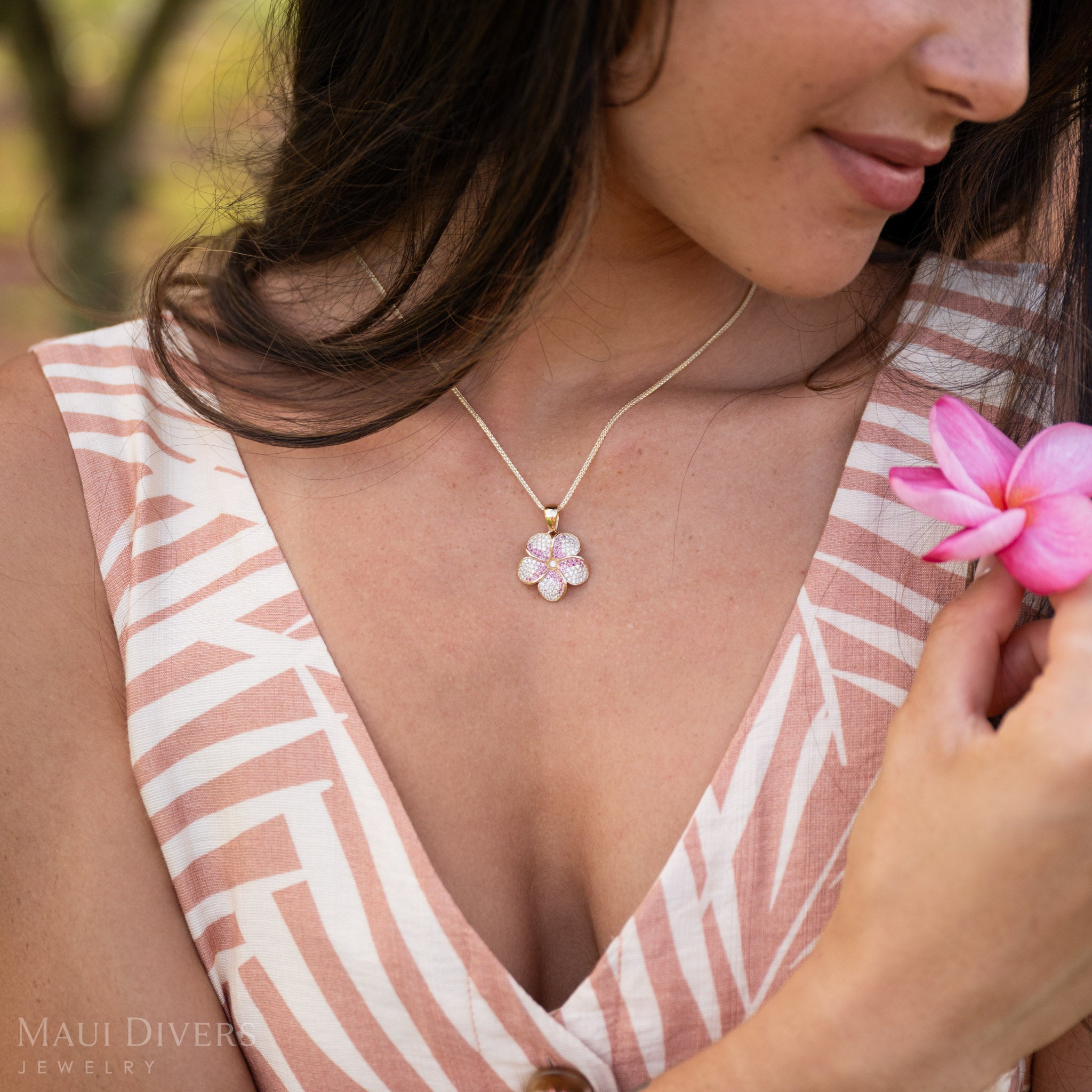 Plumeria Pink Sapphire Pendant in Gold with Diamonds - 20mm