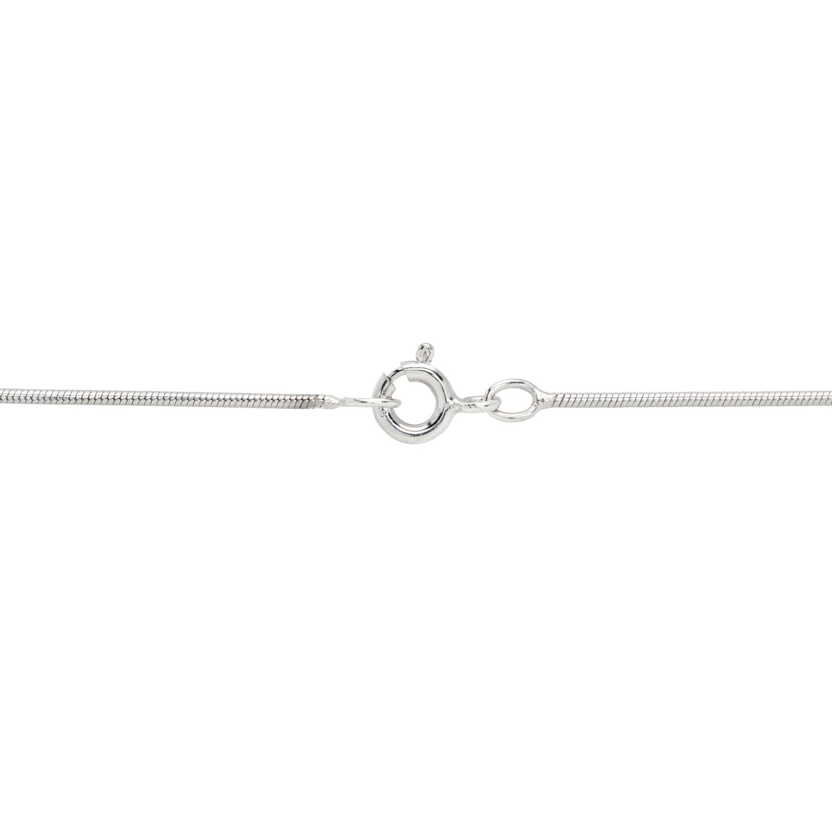 A close-up of a sterling silver snake chain necklace showing a round lobster clasp on a plain white background.