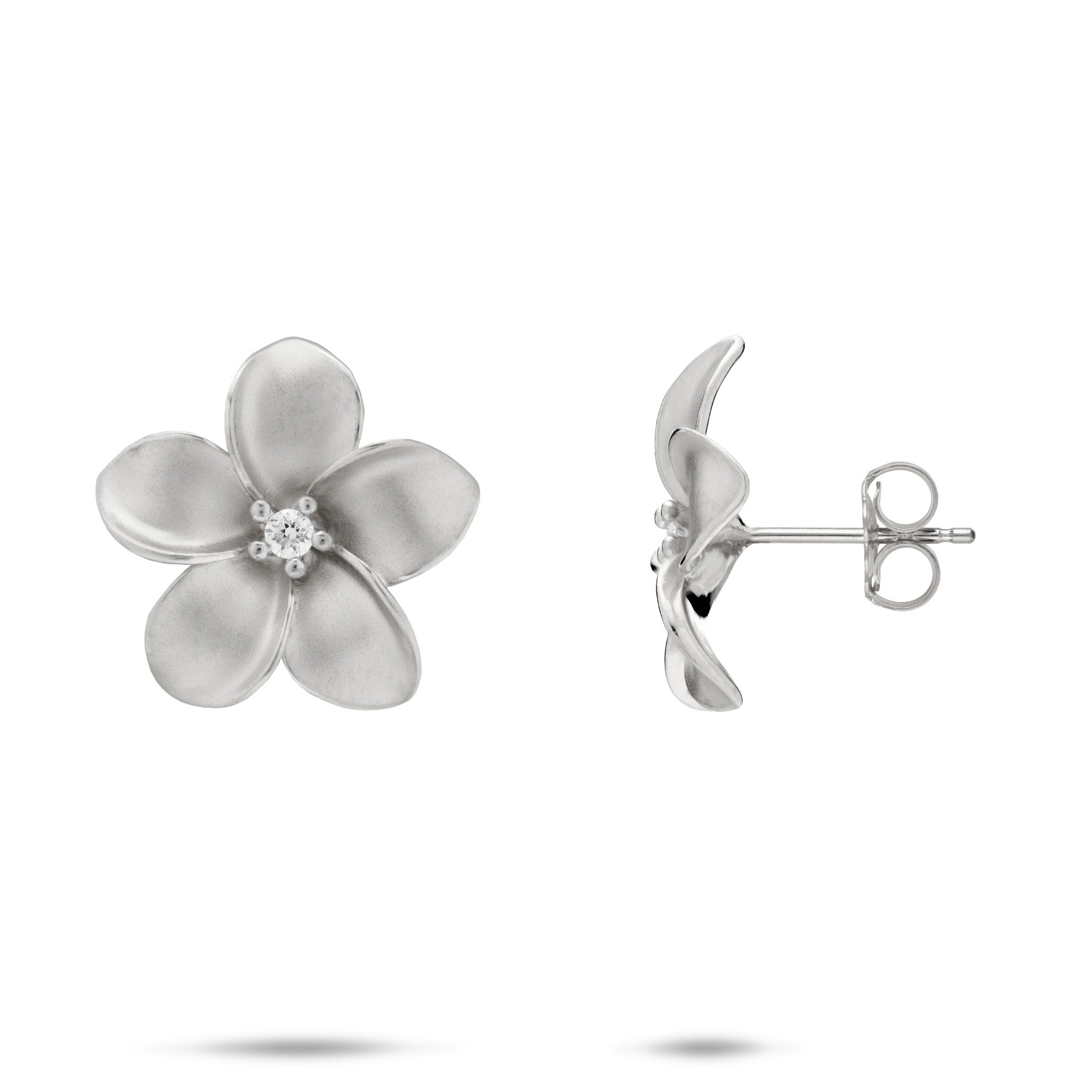 18mm Plumeria Earrings in 14k White Gold with Diamonds on a white background