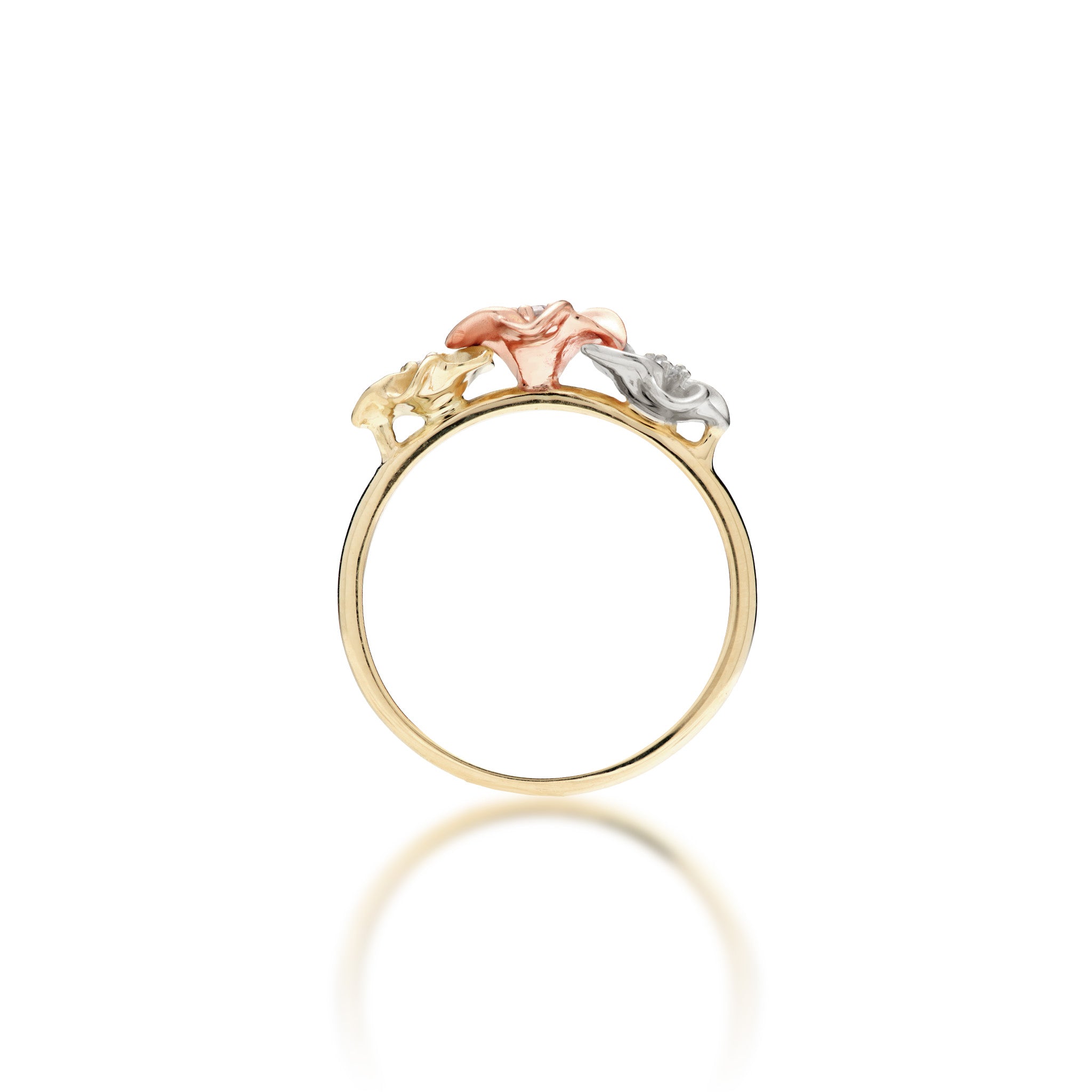 Side view of the 8mm Three Plumeria Ring in Tri Color Gold with Diamonds on a white background