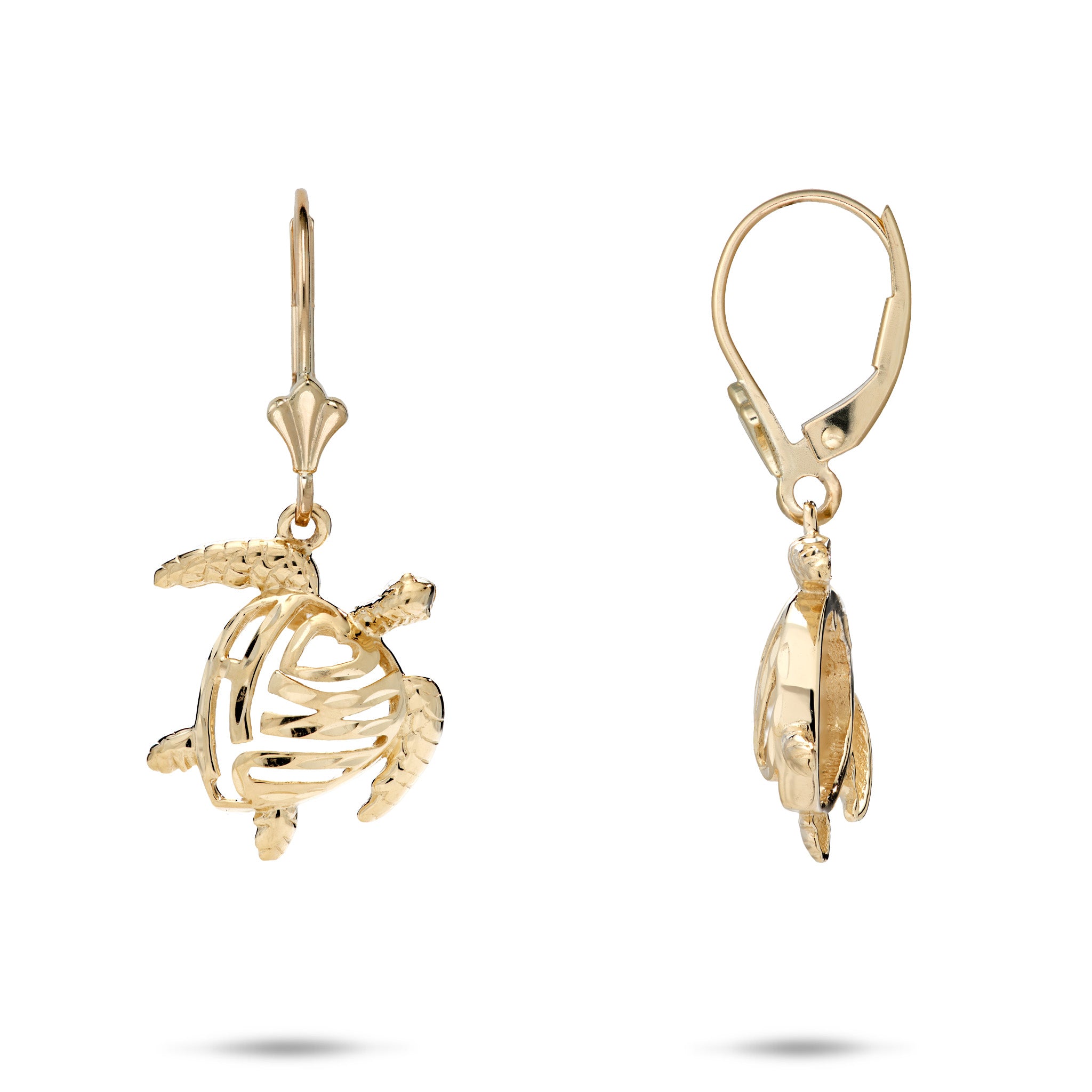Honu Diamond-cut Leverback Earrings in 14k Yellow Gold on a white background