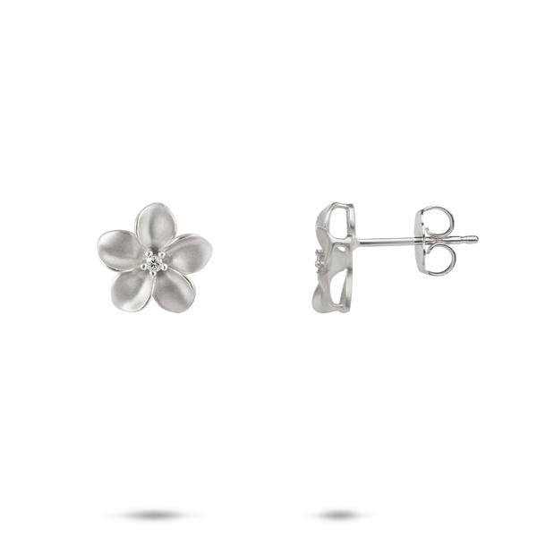 Plumeria Stud Earrings in White Gold with Diamonds - 11mm