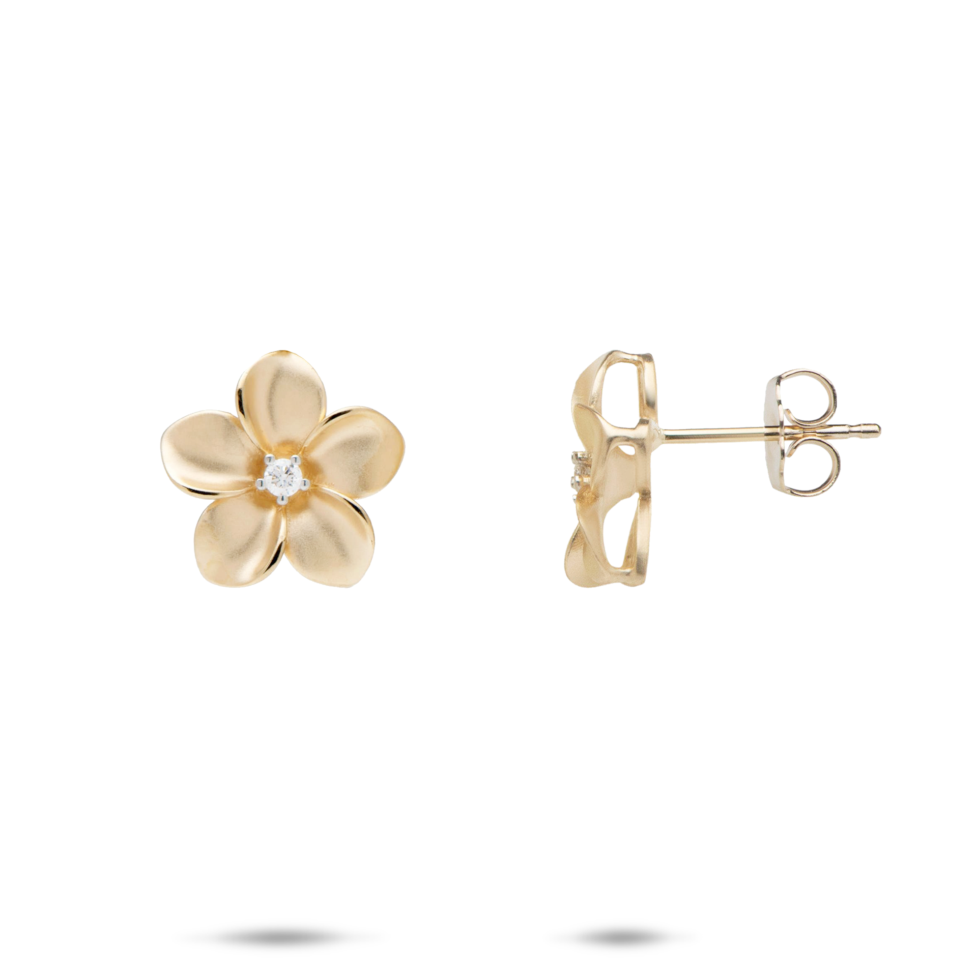 Plumeria Stud Earrings in Gold with Diamonds - 13mm