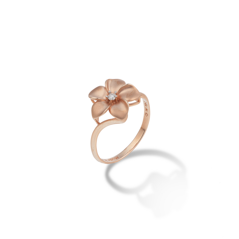 Maui Divers Jewelry Plumeria Ring in Rose Gold with Diamond - 13mm on White Background