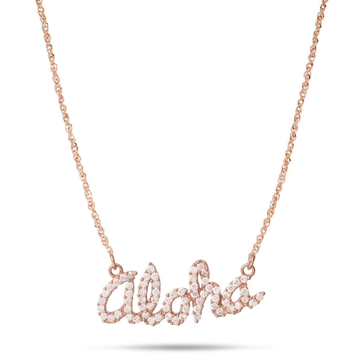 A 14k rose gold script nameplate necklace spelling 'aloha' with clear pavé diamonds, suspended from a 0.8mm baby rope chain against a white background.