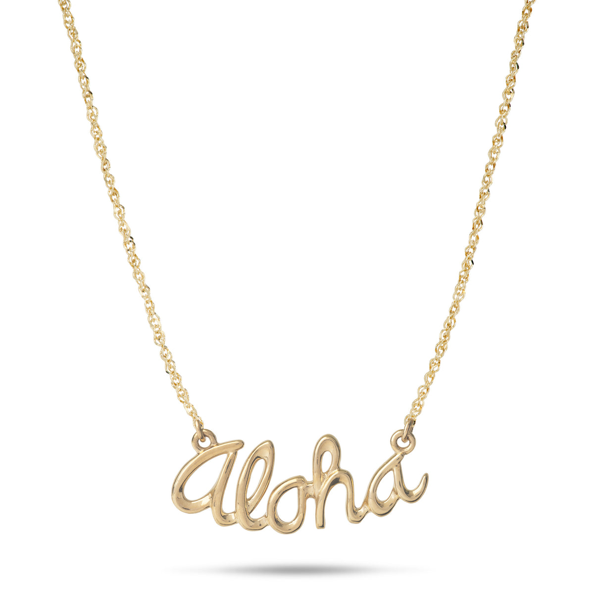A 14k yellow gold script pendant necklace spelling 'Aloha' on a delicate 0.9mm baby rope chain, shown against a plain white background with a soft shadow underneath.