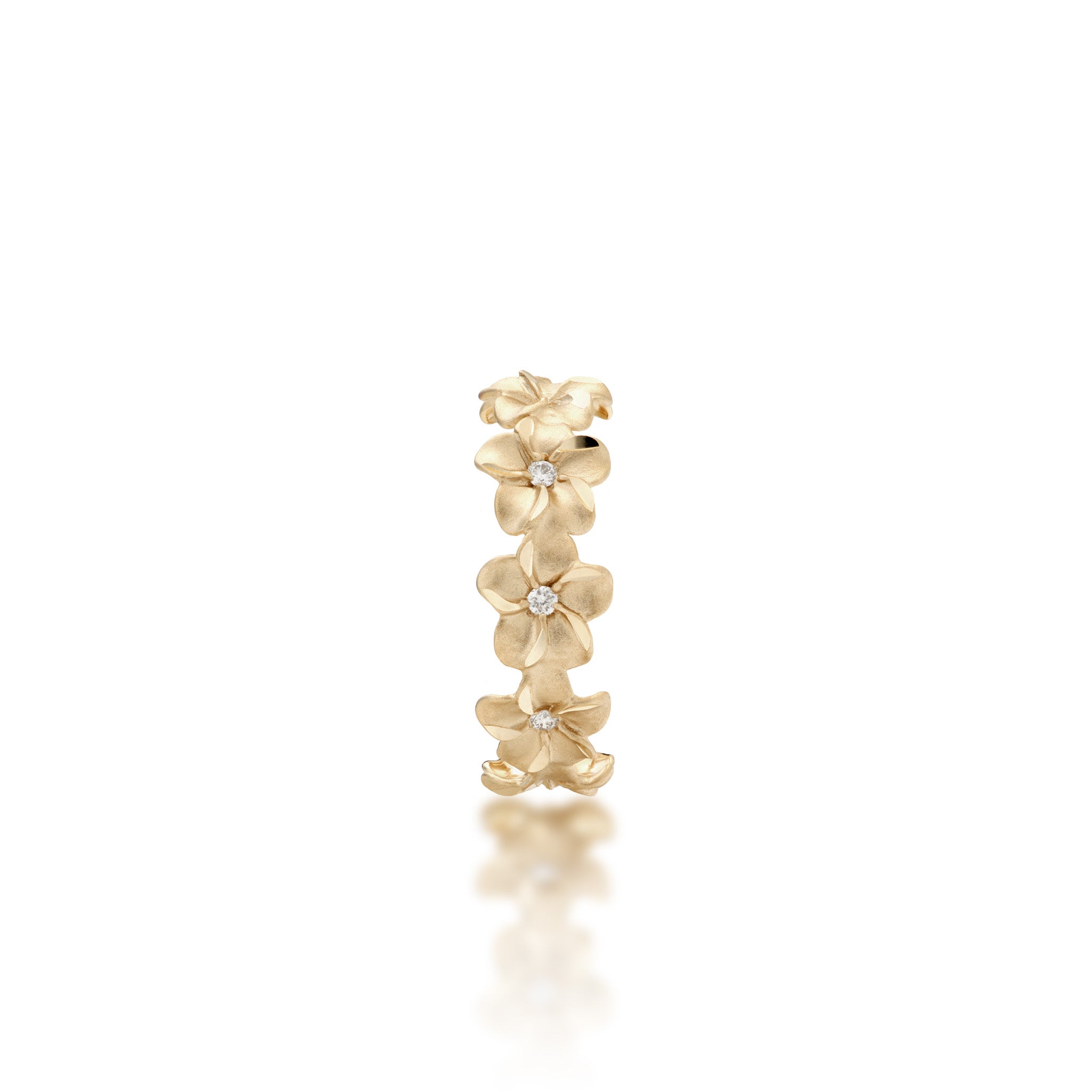 Top view of the 6mm Plumeria Eternity Ring in 14k Yellow Gold with Diamonds