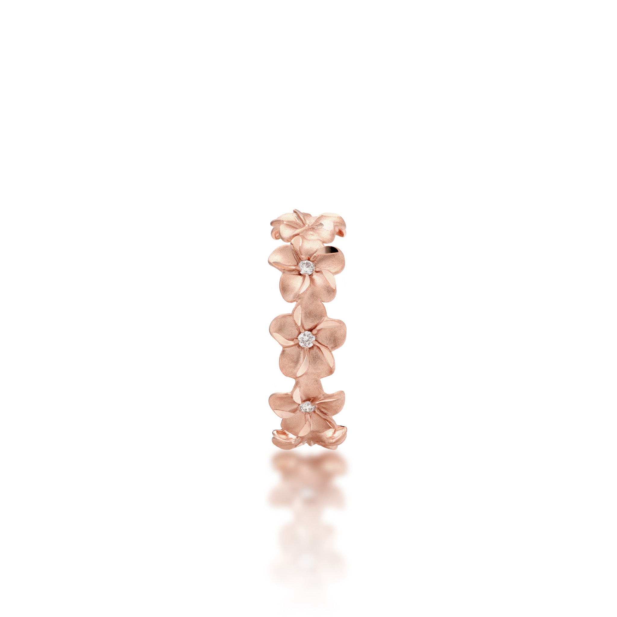 Top view of the 6mm Plumeria Eternity Ring in 14k Rose Gold with Diamonds