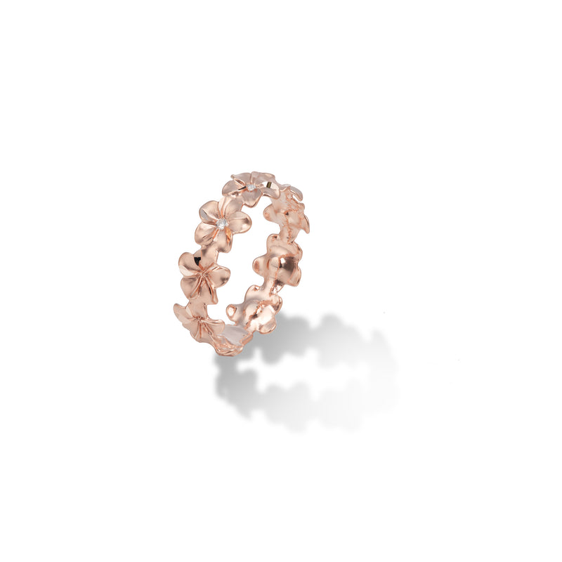 Maui Divers Jewelry Plumeria Eternity Ring in Rose Gold with Diamonds - 6mm on White Background