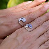 Close up of Nalu Ring in White Gold with Blue Sapphires - 15mm and Diamond Nalu Ring in White Gold on Hands