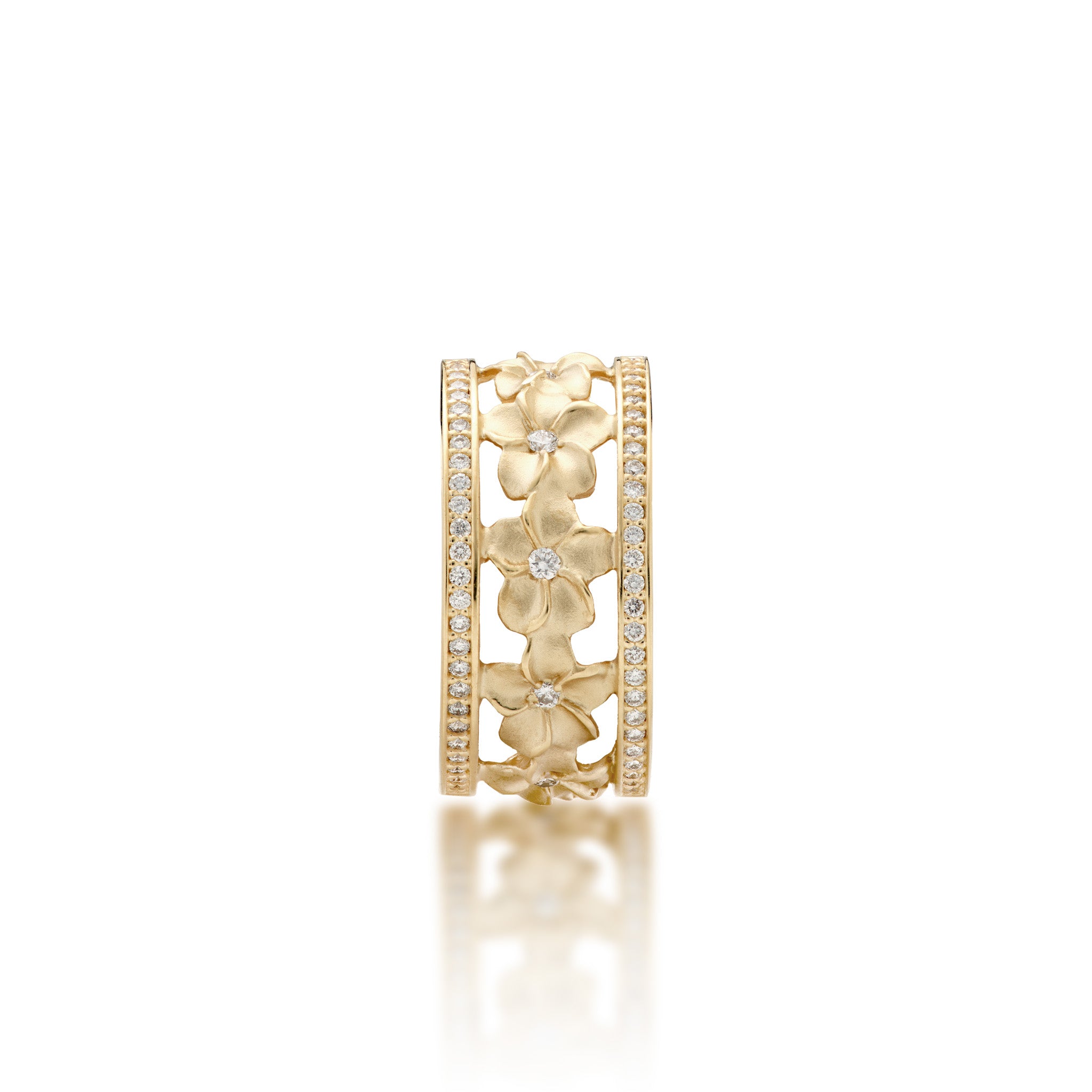 Top view of the Angle view of the 10mm Plumeria Ring in Gold with Diamonds on a white background