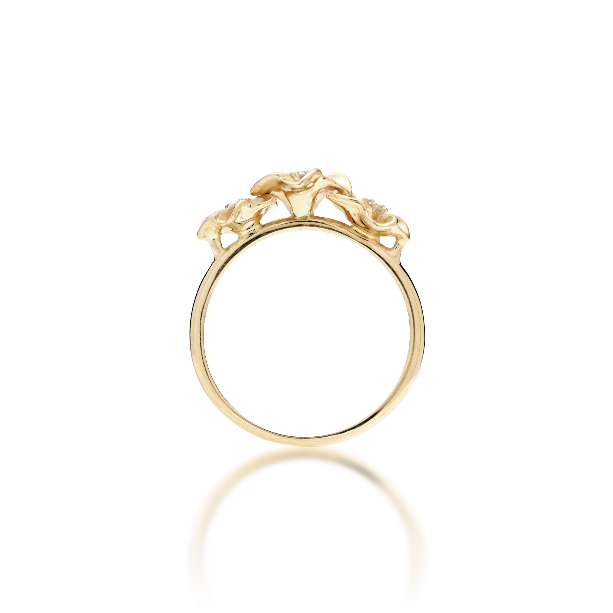 Side view of the 8mm Three Plumeria Ring in Gold with Diamonds on a white background