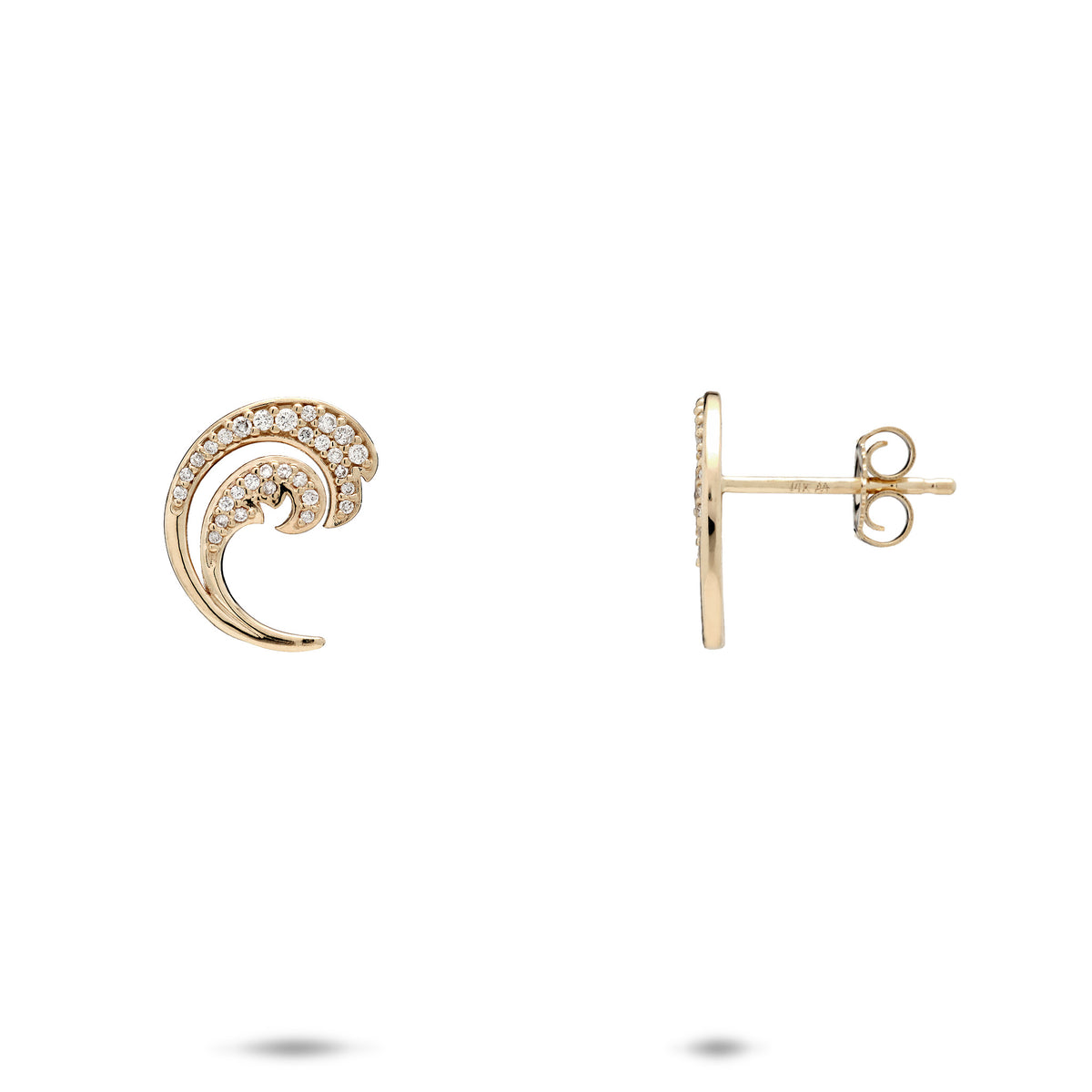 A pair of 12mm 14k yellow gold ocean wave páve diamond earrings, shown with a front and side view with butterfly backing, against a white background