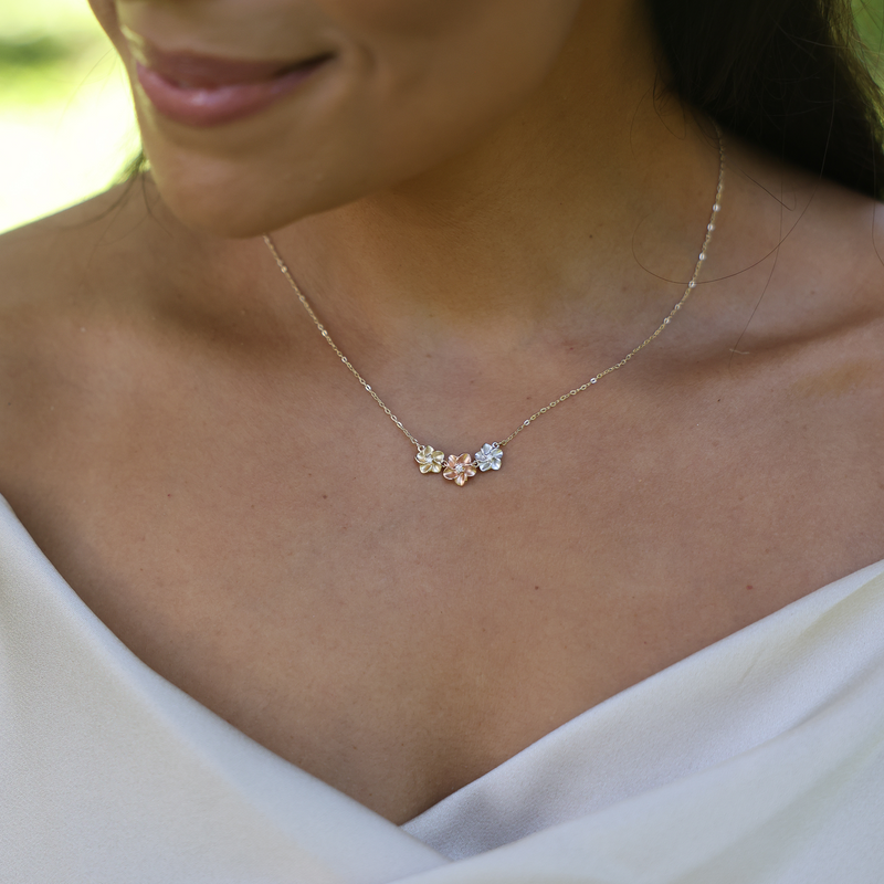 16" Plumeria Necklace in Tri Color Gold with Diamonds
