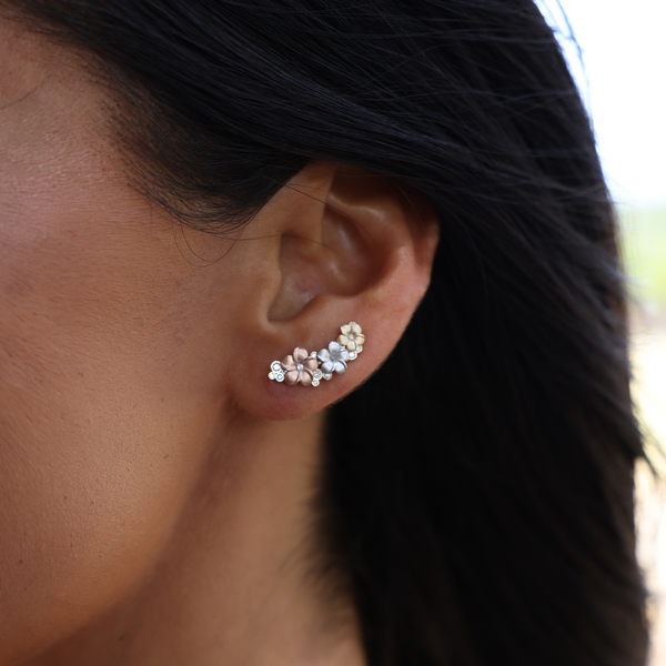 Plumeria Climber Earrings in Tri Color Gold with Diamonds on Ear