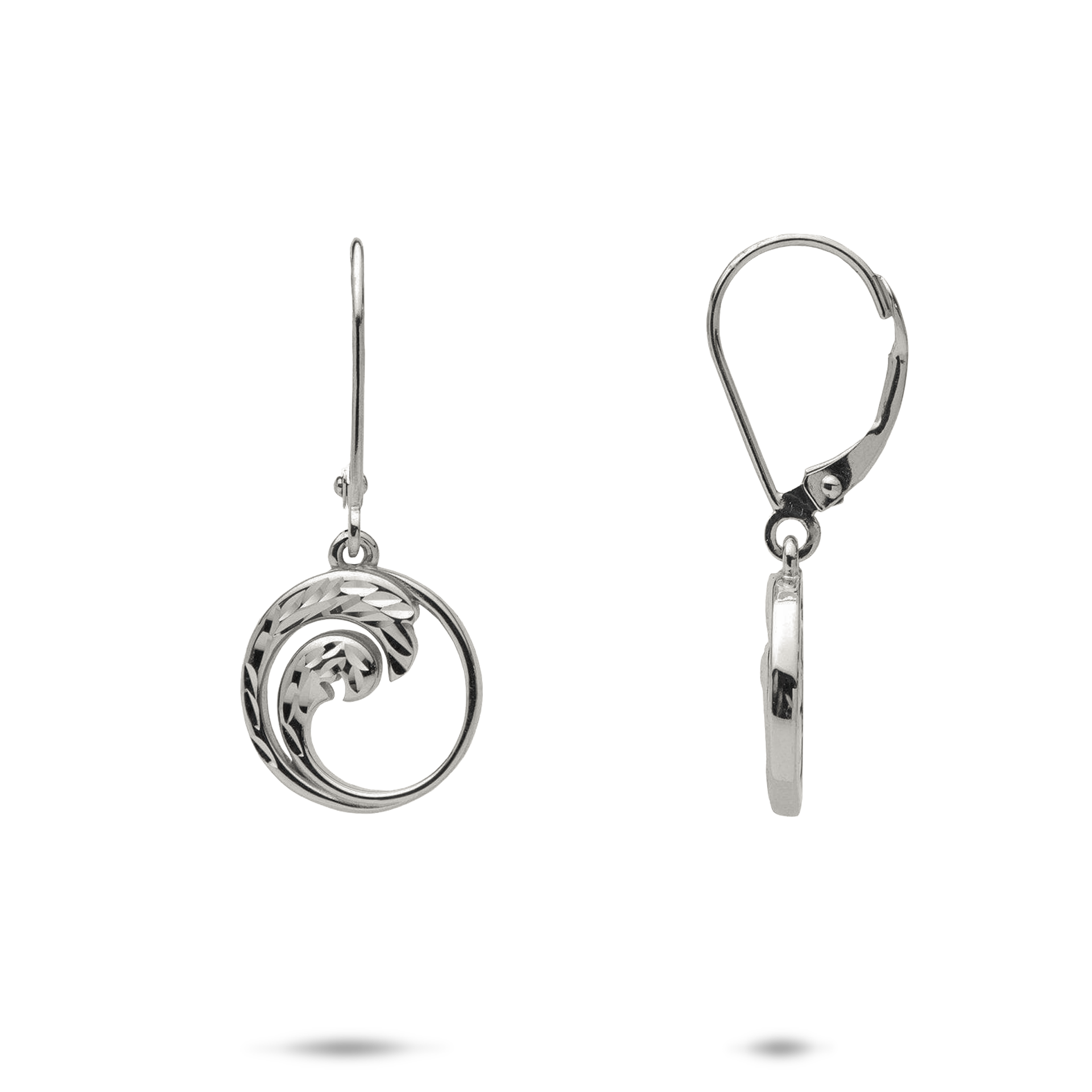 Nalu (Wave) Leverback Earrings in White Gold - 12mm