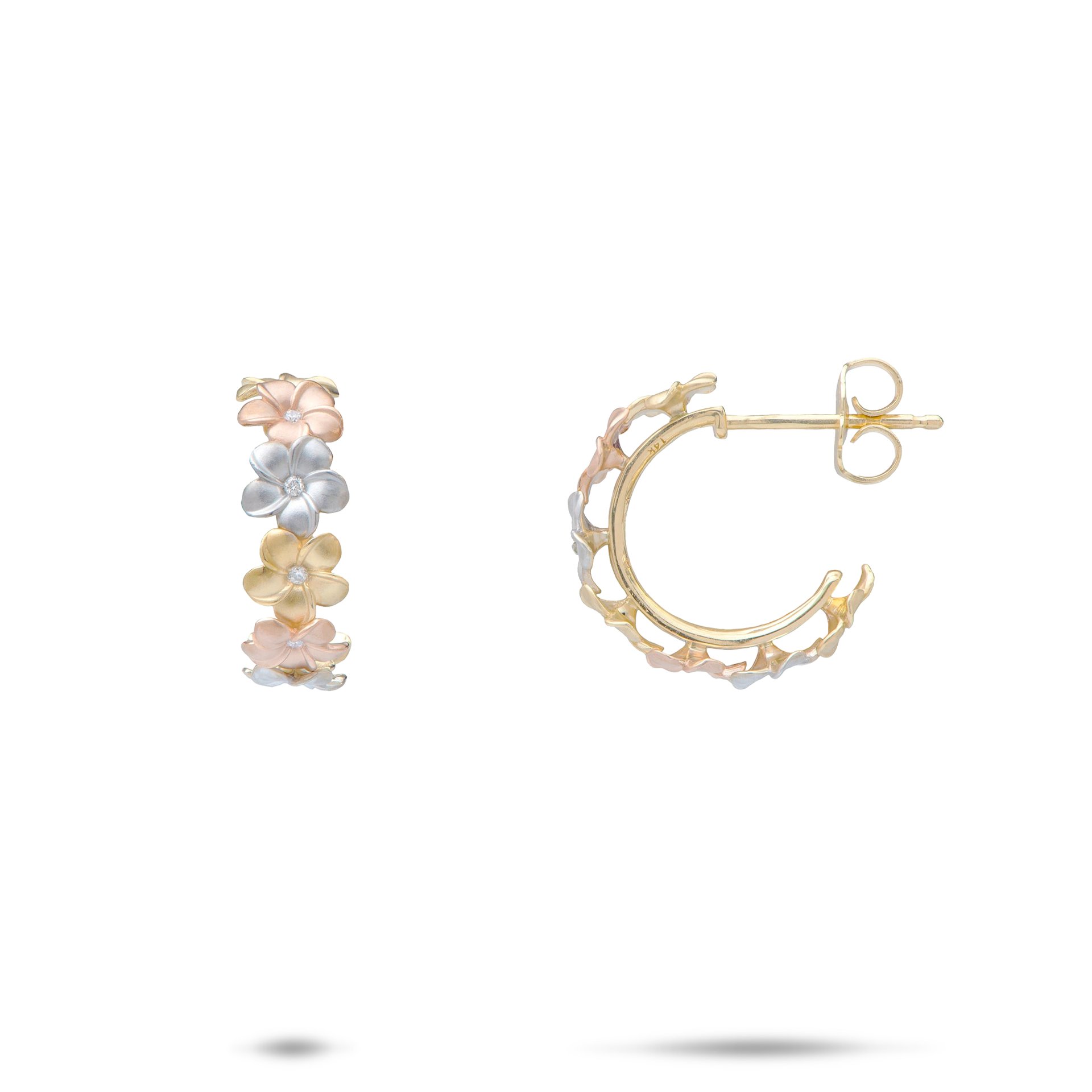 Plumeria Hoop Earrings in Tri Color Gold with Diamonds