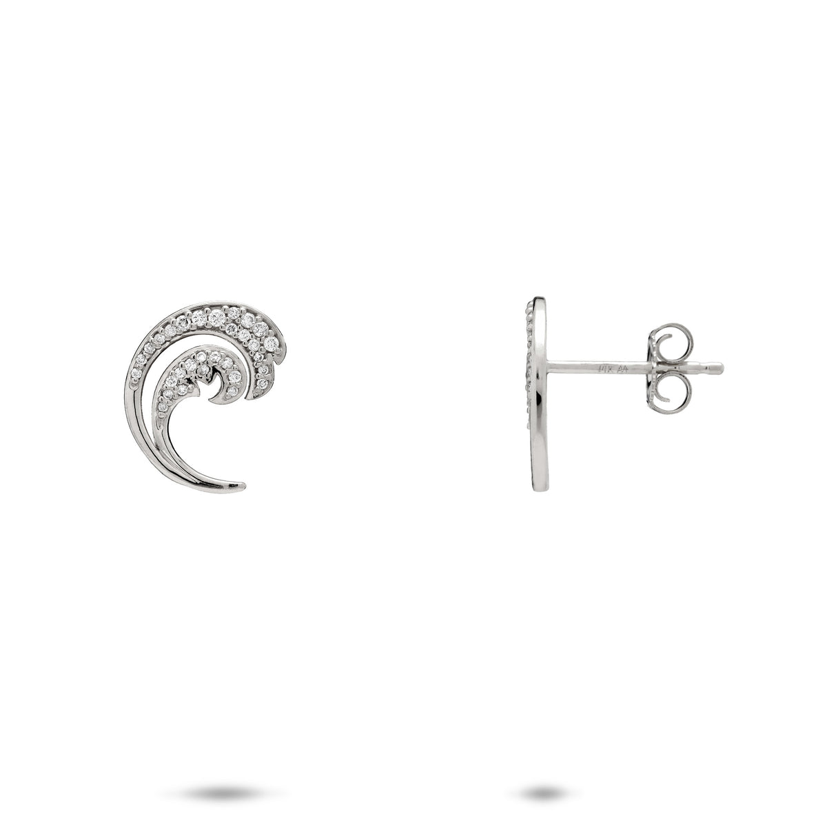 A pair of 14k white gold páve diamond ocean wave stud earrings with a front and side view with butterfly backings, shown on a white background