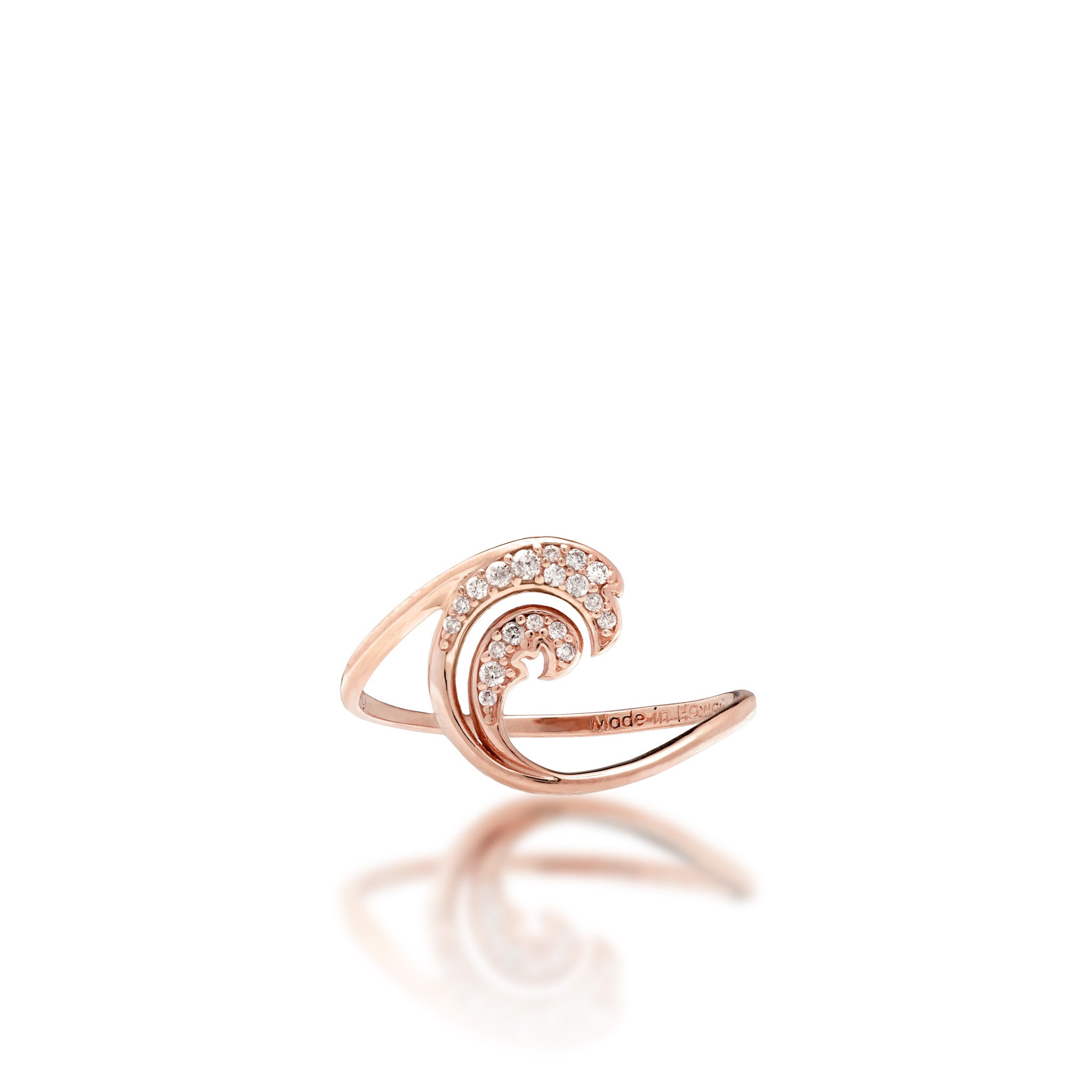Tp[ view of a 12mm Nalu (Wave) Ring in 14k rose gold with a diamond-wave design and a high-polish finish on a white background
