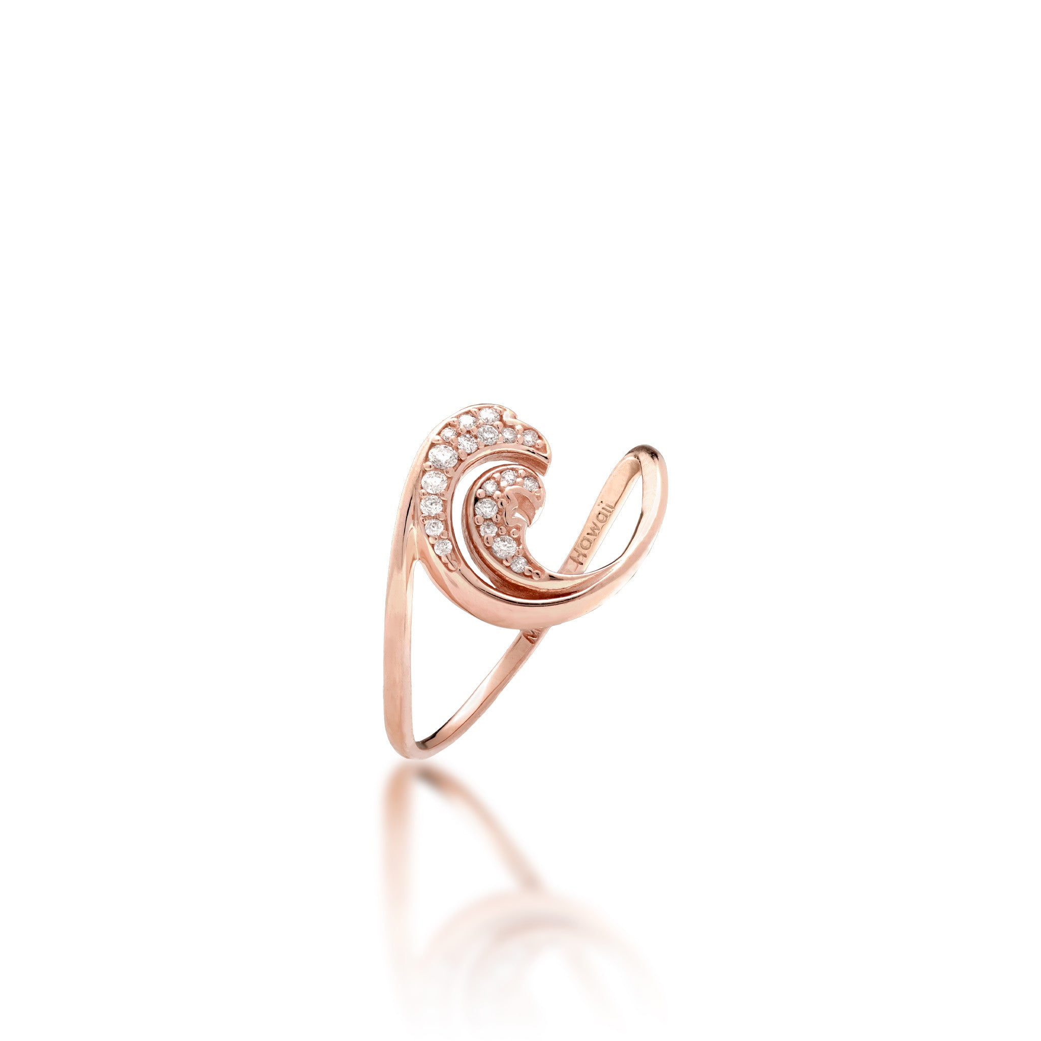 Angle view of a 12mm Nalu (Wave) Ring in 14k rose gold with a diamond-wave design and a high-polish finish on a white background