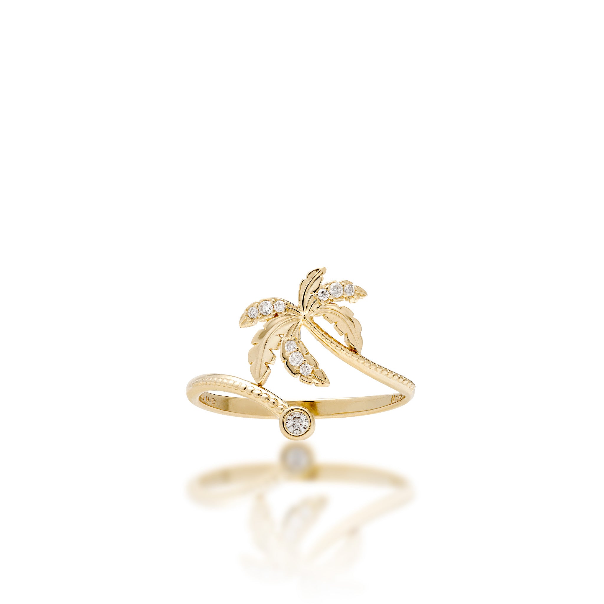 A 14k yellow gold palm tree design ring with high-polish and diamond-accented palm fronds and millegrain detailing along the bottom and a diamond accent at the bottom left curve of the ring, shown on a white background
