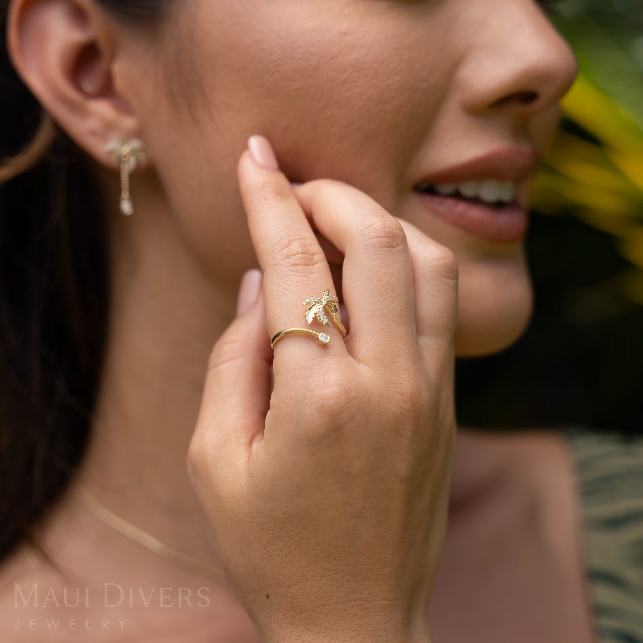 Paradise Palms Palm Tree Bypass Ring in Gold with Diamonds