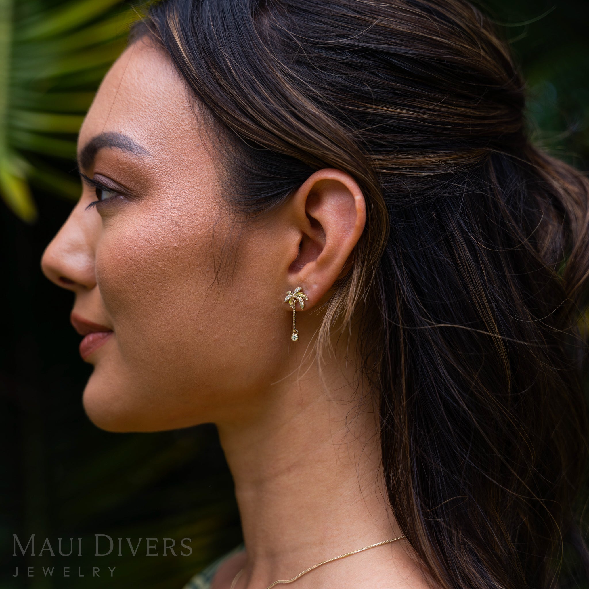 Palm Tree Stud Earrings in Gold with Diamonds - 24mm