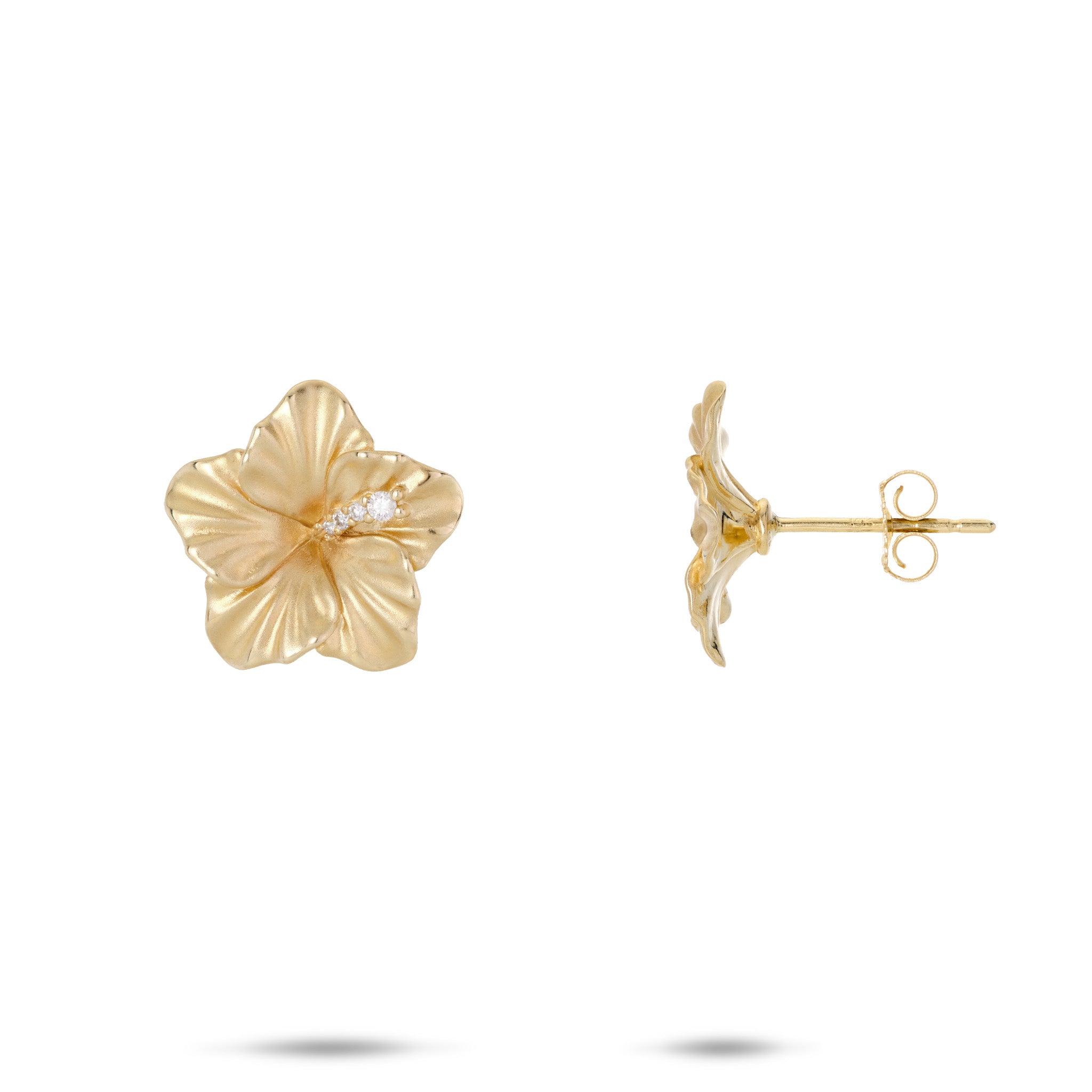 14mm Diamond Hibiscus Stud Earrings in 14k Yellow Gold