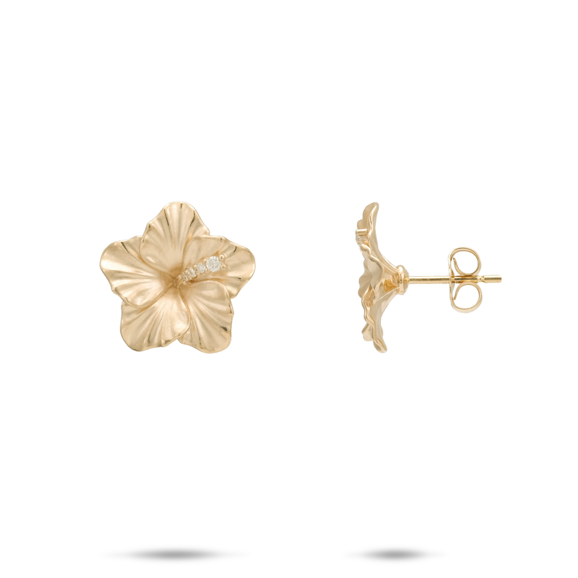 Hawaiian Gardens Hibiscus Stud Earrings in Gold with Diamonds - 14mm