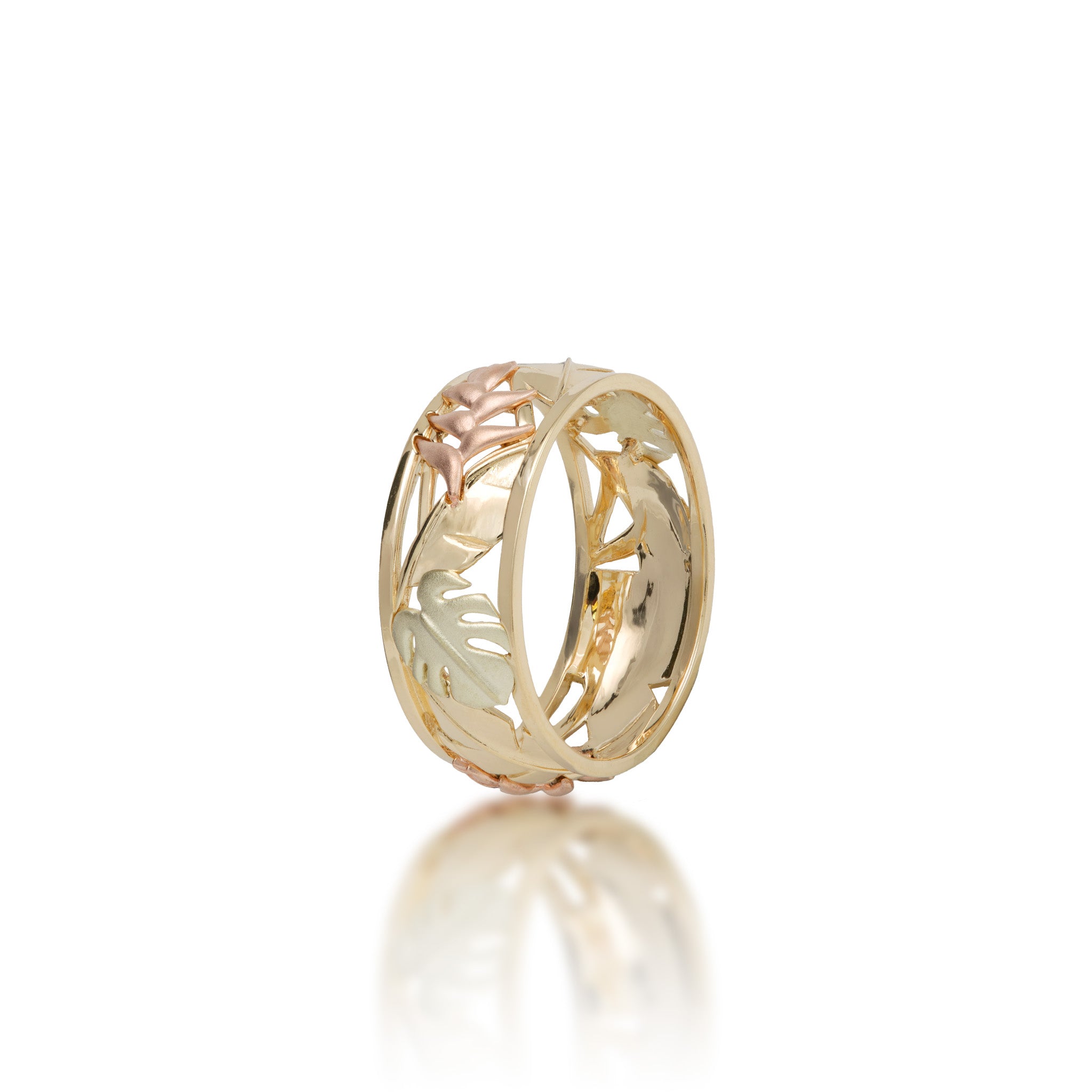 Hawaiian Gardens Monstera & Heliconia Ring in Tri Color Gold - 8mm