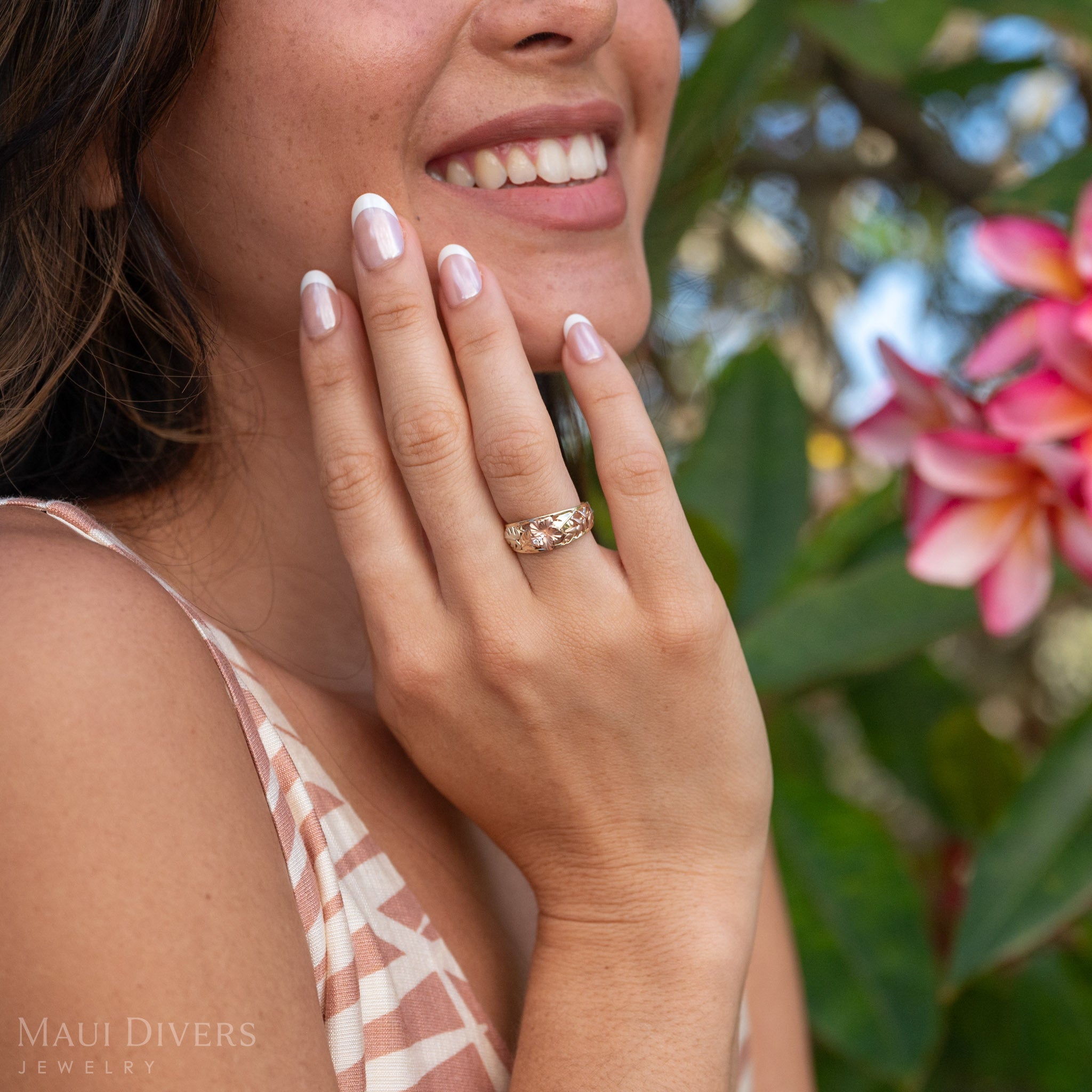Hibiscus Ring in Rose, Green, and Yellow Gold with Diamonds