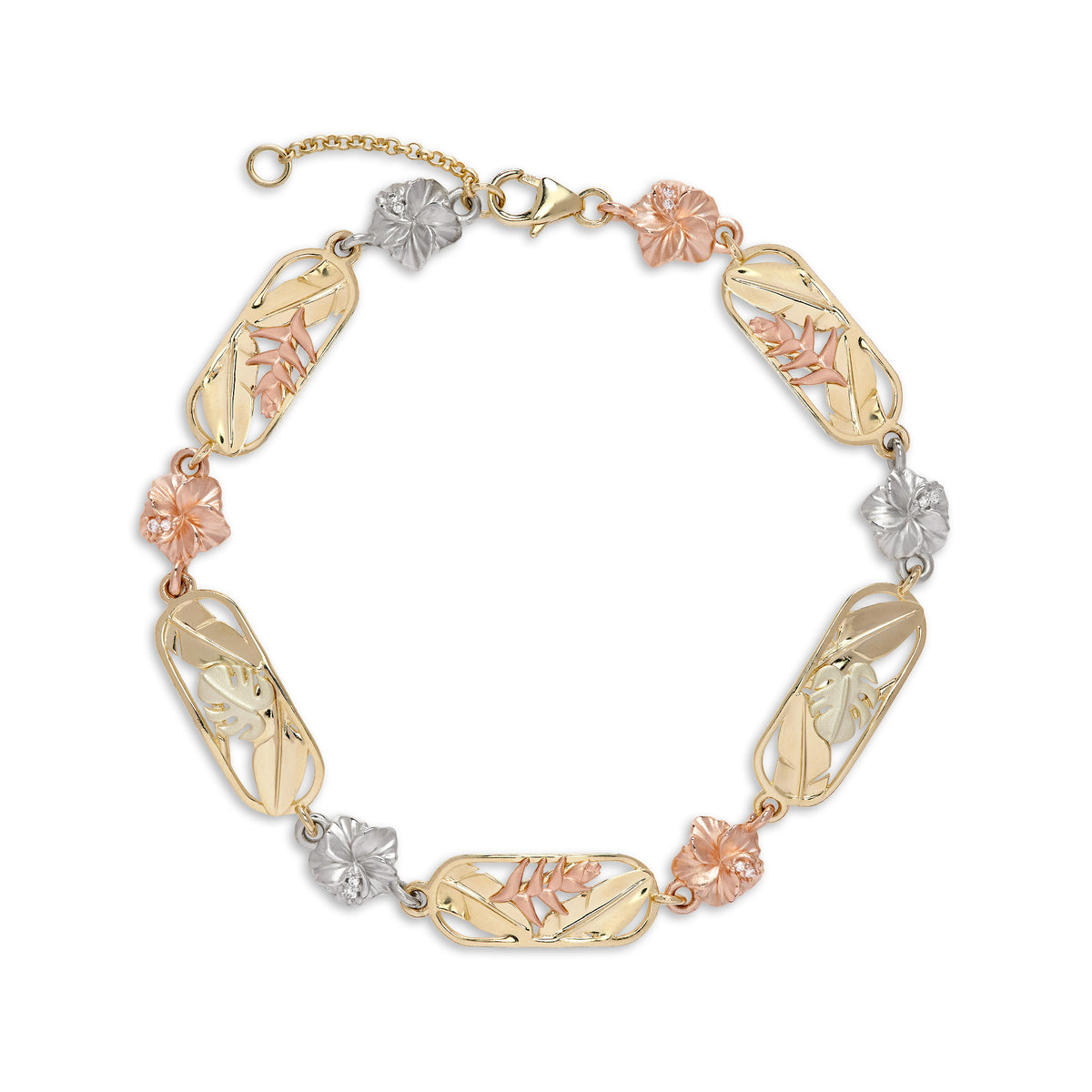 A 14k yellow gold link bracelet with alternating diamond hibiscus flowers in rose and white gold, alternating rounded rectangular framed high-polish yellow gold banana leaves with rose gold heliconia, and alternating rounded rectangular framed high-polish yellow gold banana leaves with green gold monstera, shown on a white background