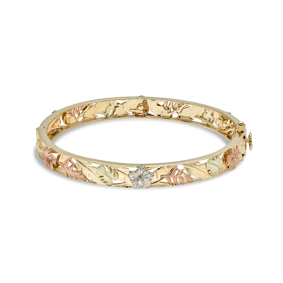 Hawaiian Gardens Hinge Bracelet with banana leaves in 14k yellow gold, rose gold heliconia and hibiscus flowers, white gold hibiscus flowers, and green gold monstera leaves, hibiscus flowers have diamond detail; placed on a white background.