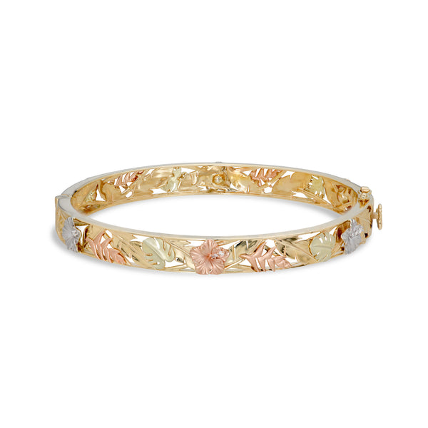 Hawaiian Gardens Hibiscus Diamond Hinge Bracelet in Multi Color Gold