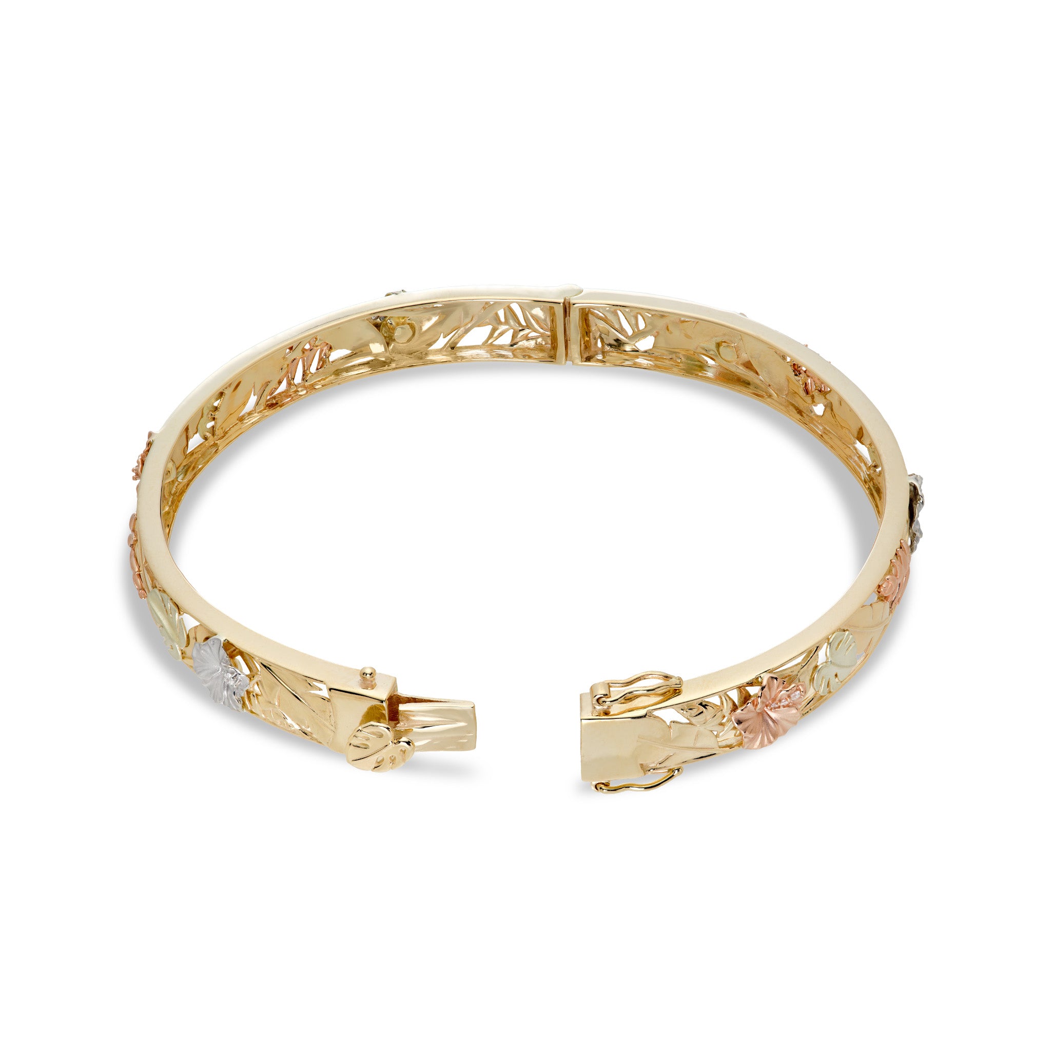 Hawaiian Gardens Collection Hibiscus, Heliconia, Banana Leaf, and Monstera Hinge Bracelet in 14k Rose, White, Yellow, and Green Gold with Diamonds showing open clasp