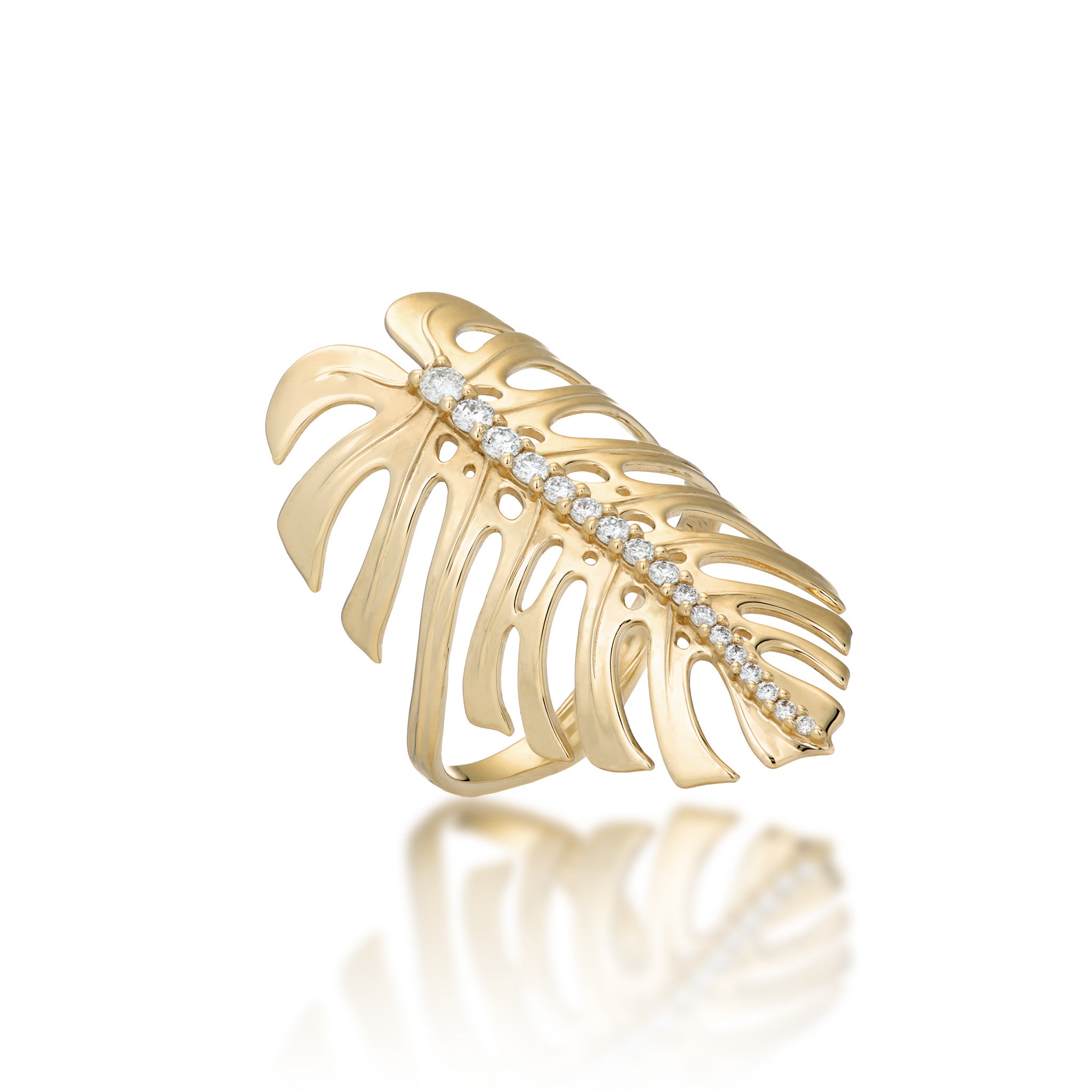 32mm Monstera Ring in Gold with Diamonds on a white background