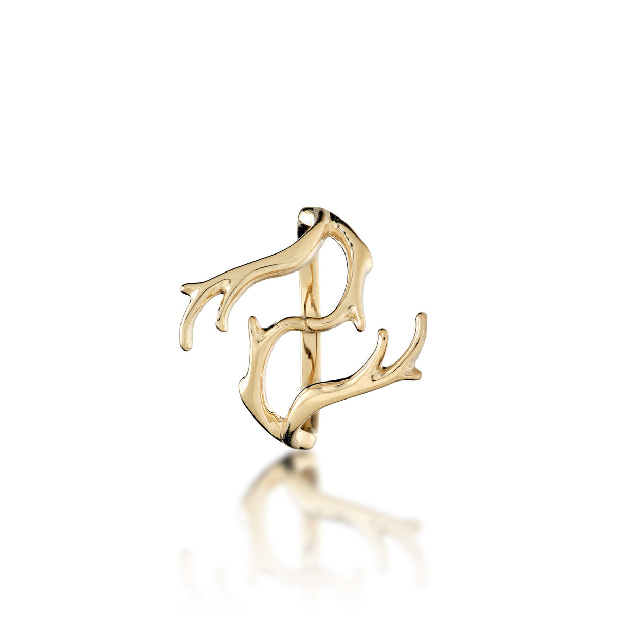 Top-down view of a 14k yellow gold Heritage Collection Hawaiian black coral branch-inspired design with a high-polish finish, shown on a white background
