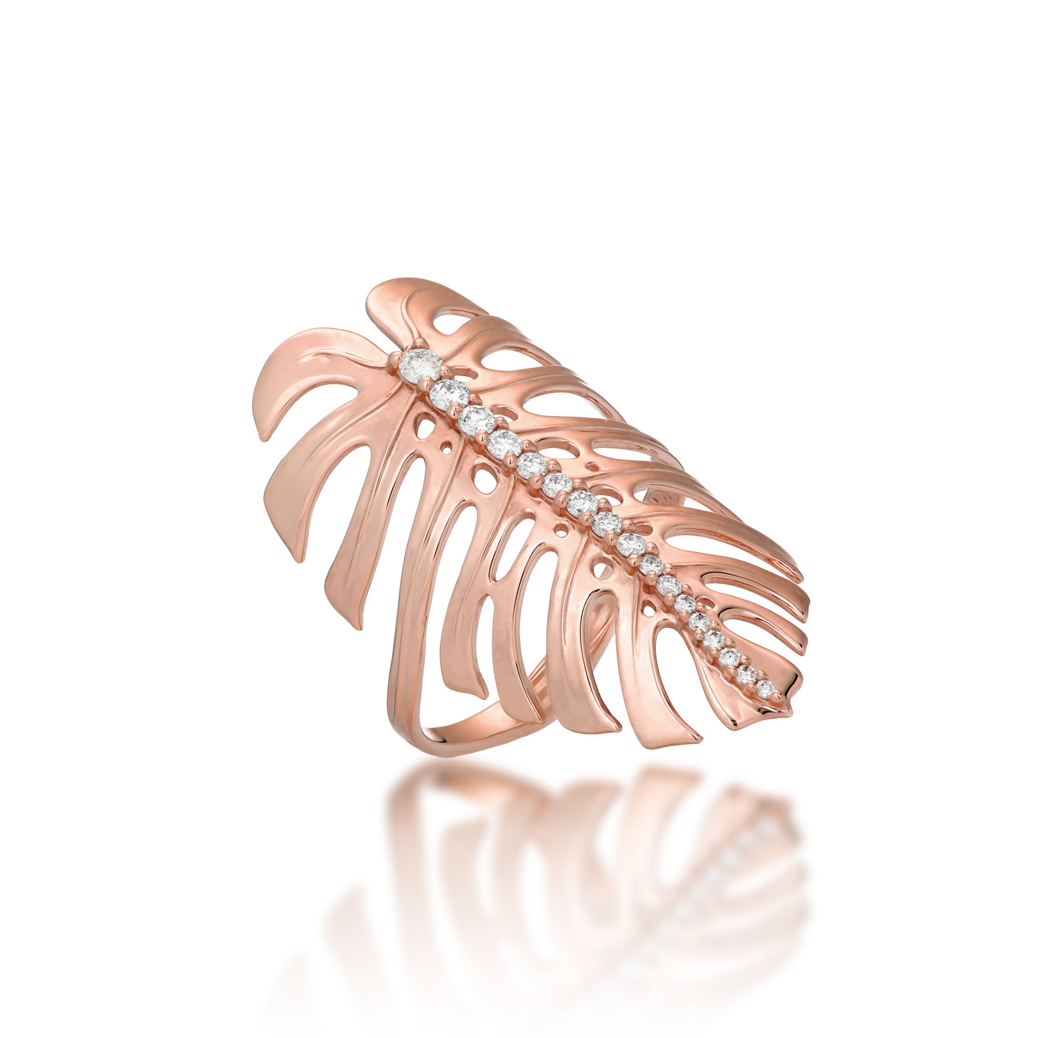 32 Monstera Ring in Rose Gold with Diamonds on a white background