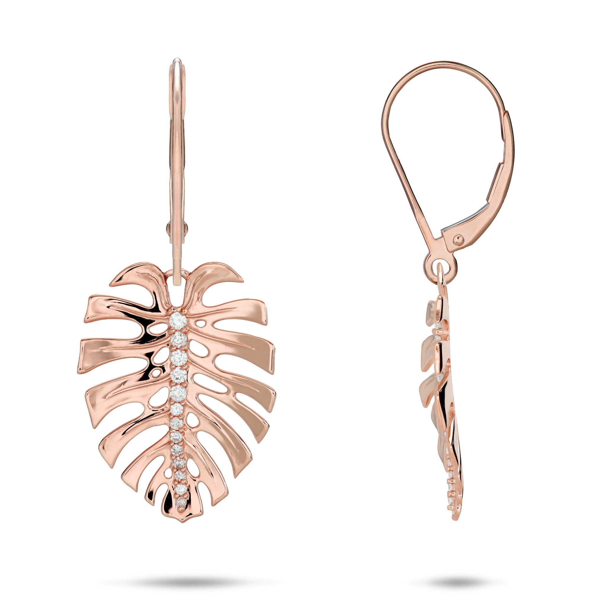 23mm Monstera Earrings in 14k Rose Gold with Diamonds on a White Background